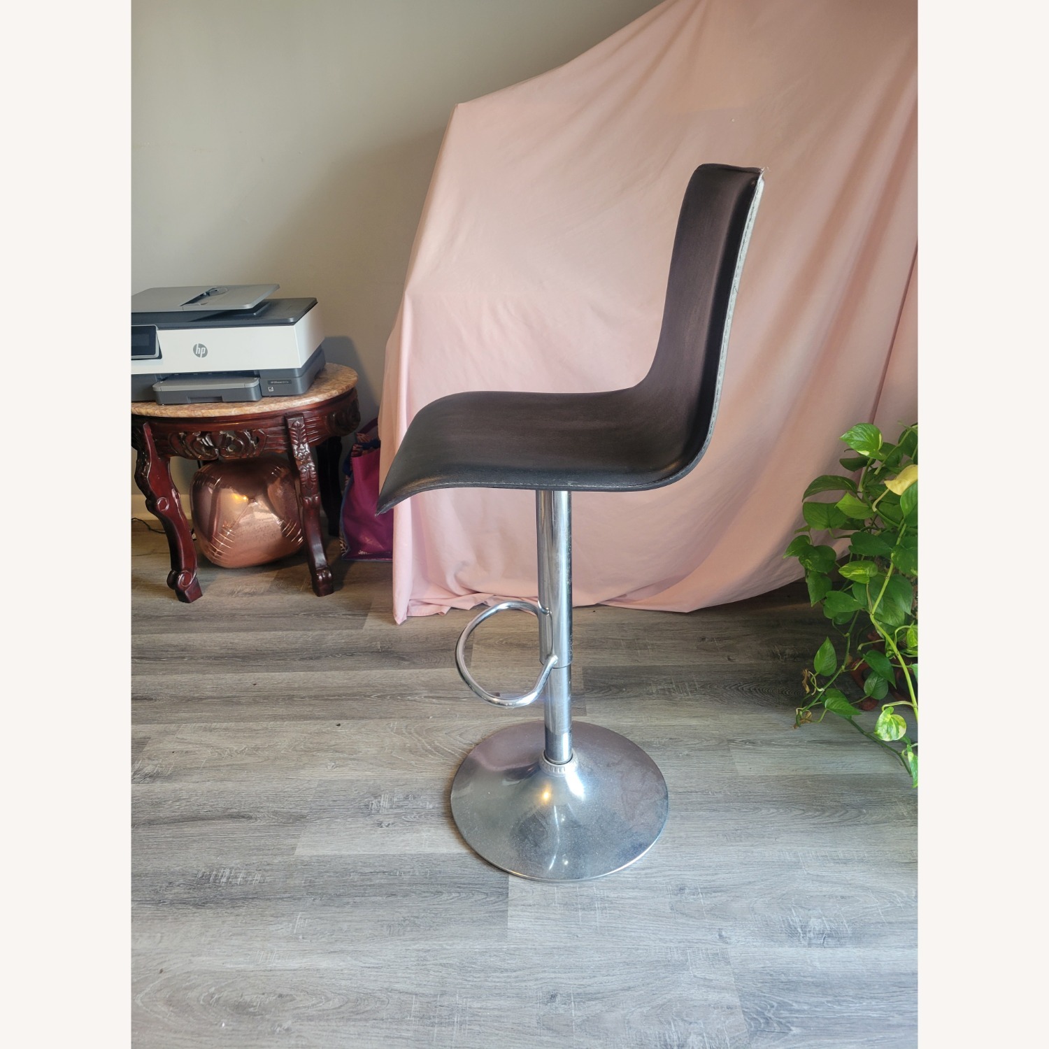 Black Adjustable Faux Leather Barstool with Chrome Base and Backrest - image-2