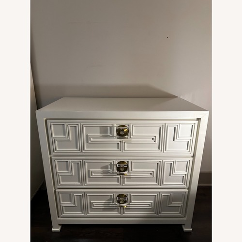 Used Anthropologie Geo Brass Inlay White Wood Dresser for sale on AptDeco
