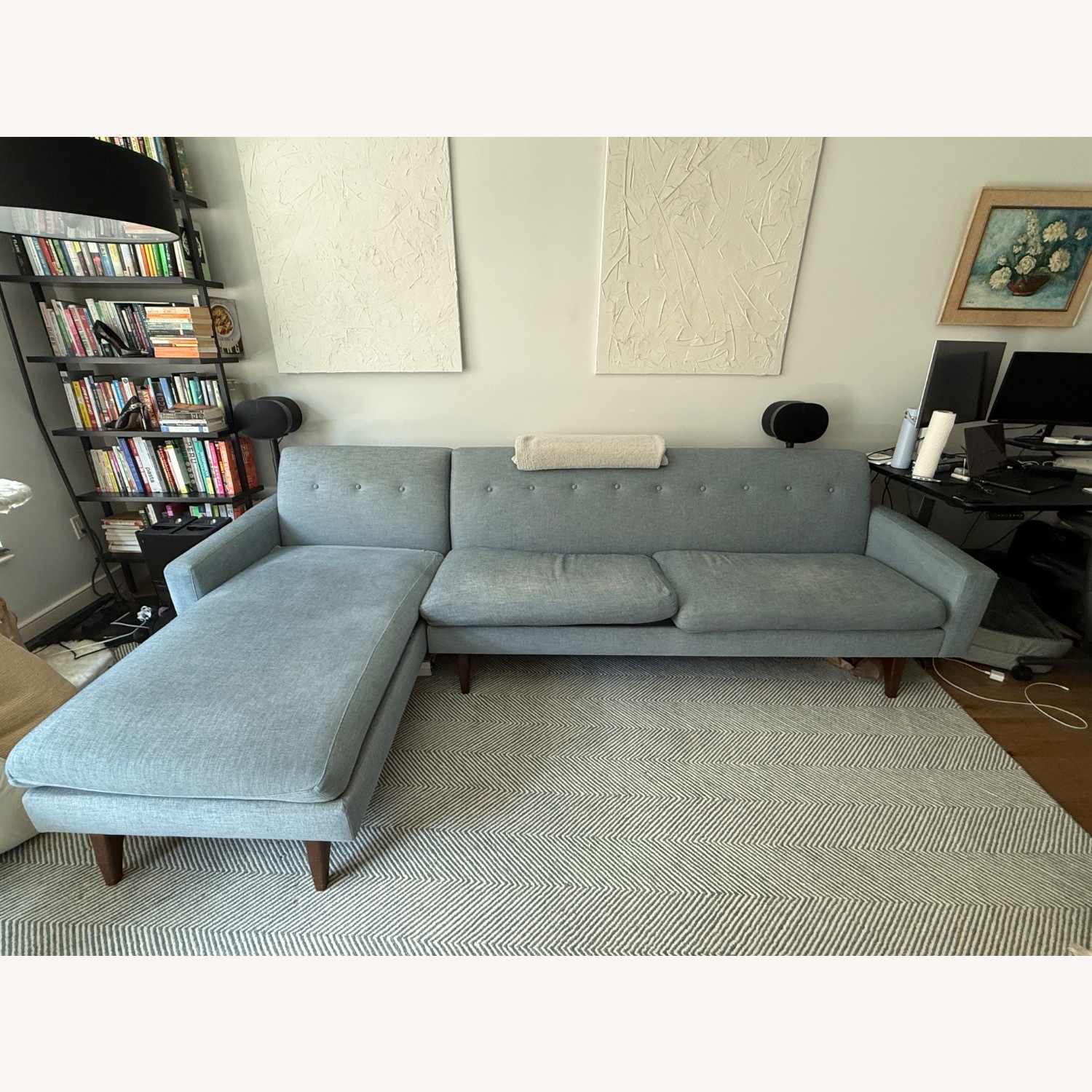 L Shaped Couch Blue Chambray Fabric - image-2