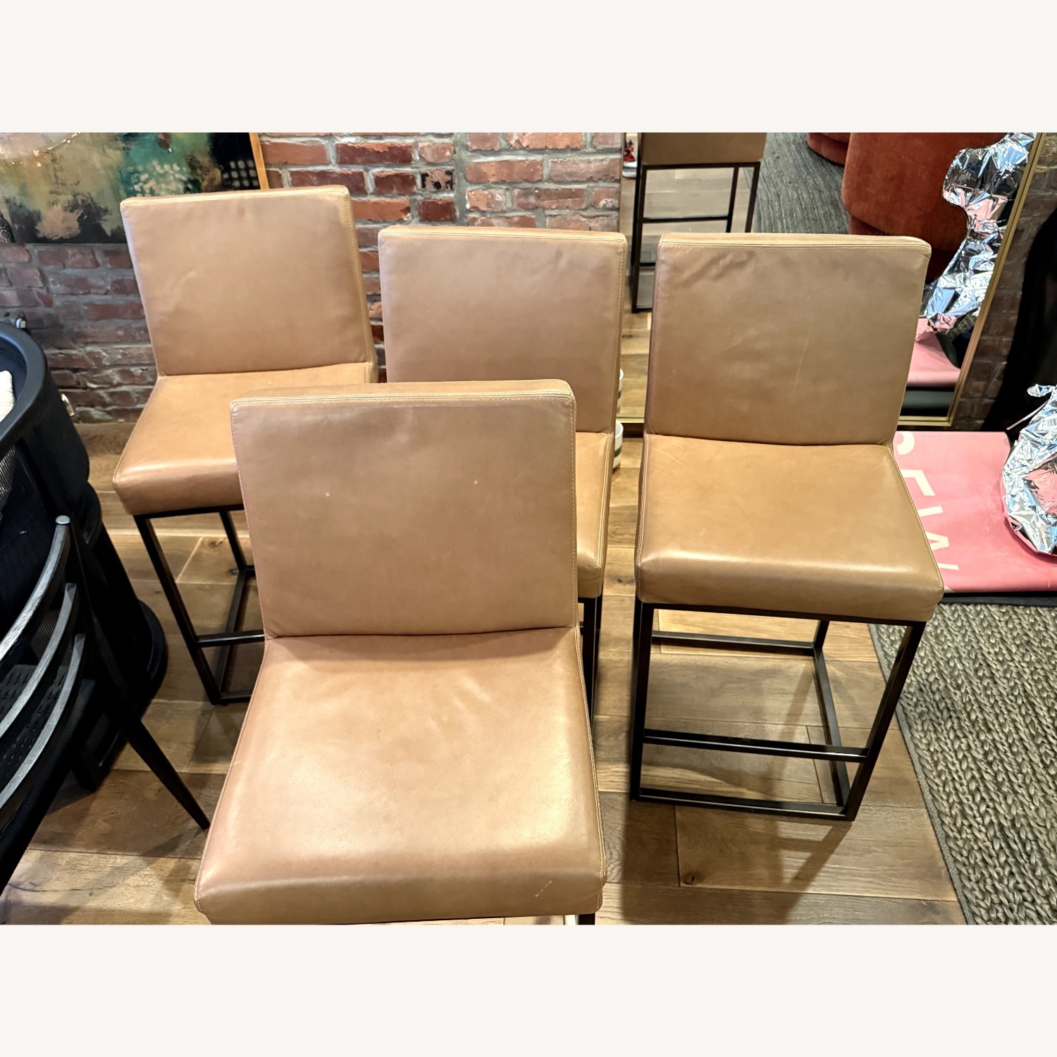 Restoration Hardware Emery Light Brown Leather Stools - image-1