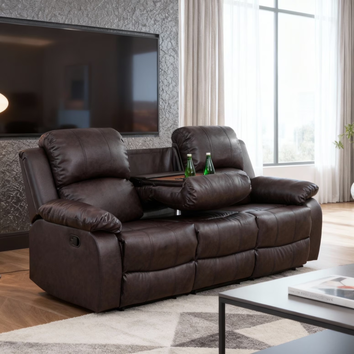 Dark Brown Faux Leather 3+ Seater Sofa - image-7