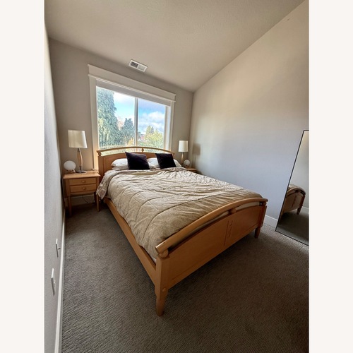 Used Ethan Allen Light Brown Wood Queen Bed for sale on AptDeco