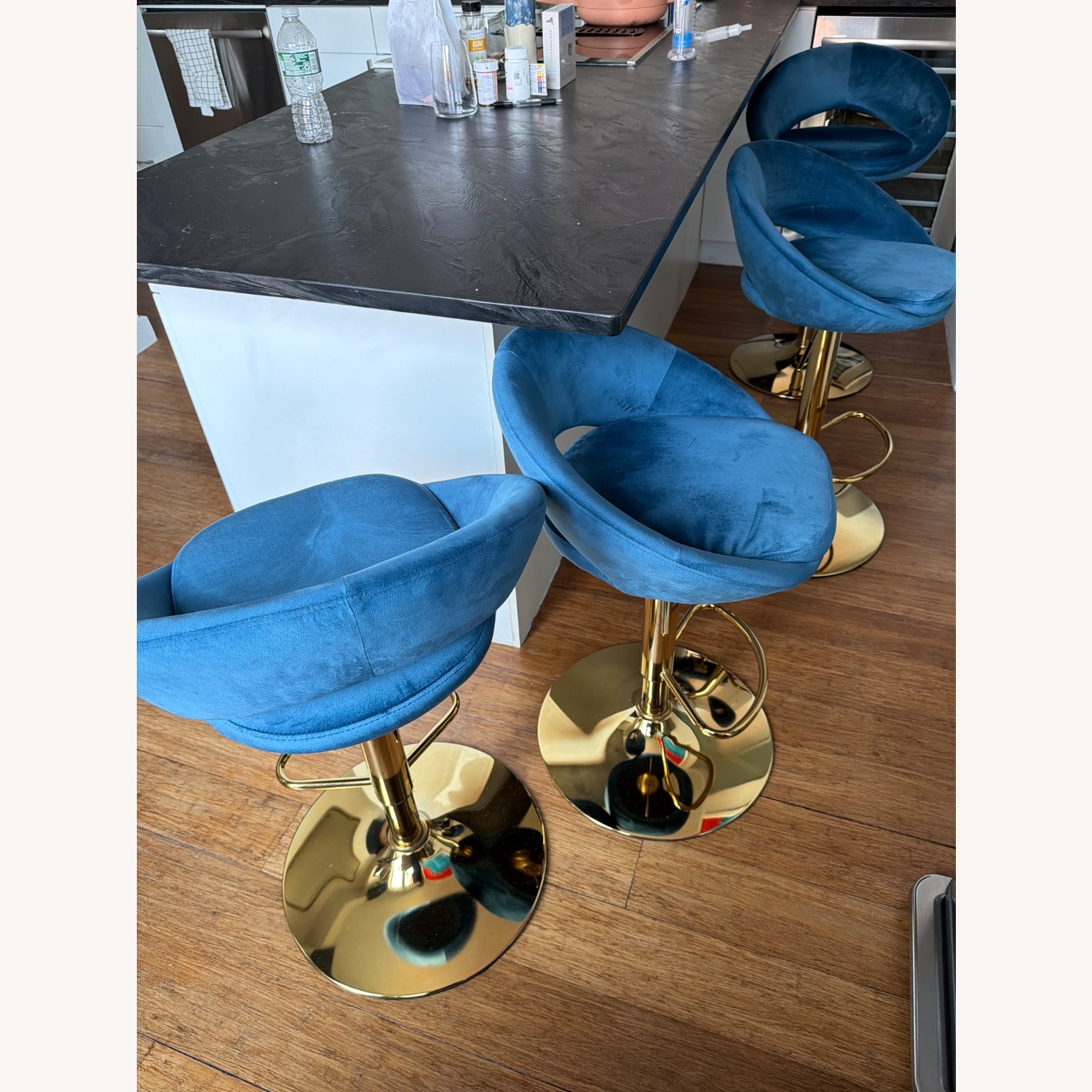 Set of 4 Teal Velvet Adjustable Swivel Bar Stools - image-2