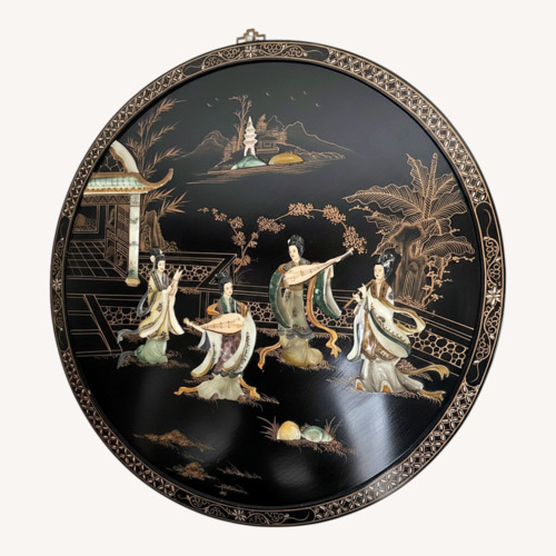 Used Black Lacquer Hand Painted Inlaid Wall Plaque for sale on AptDeco