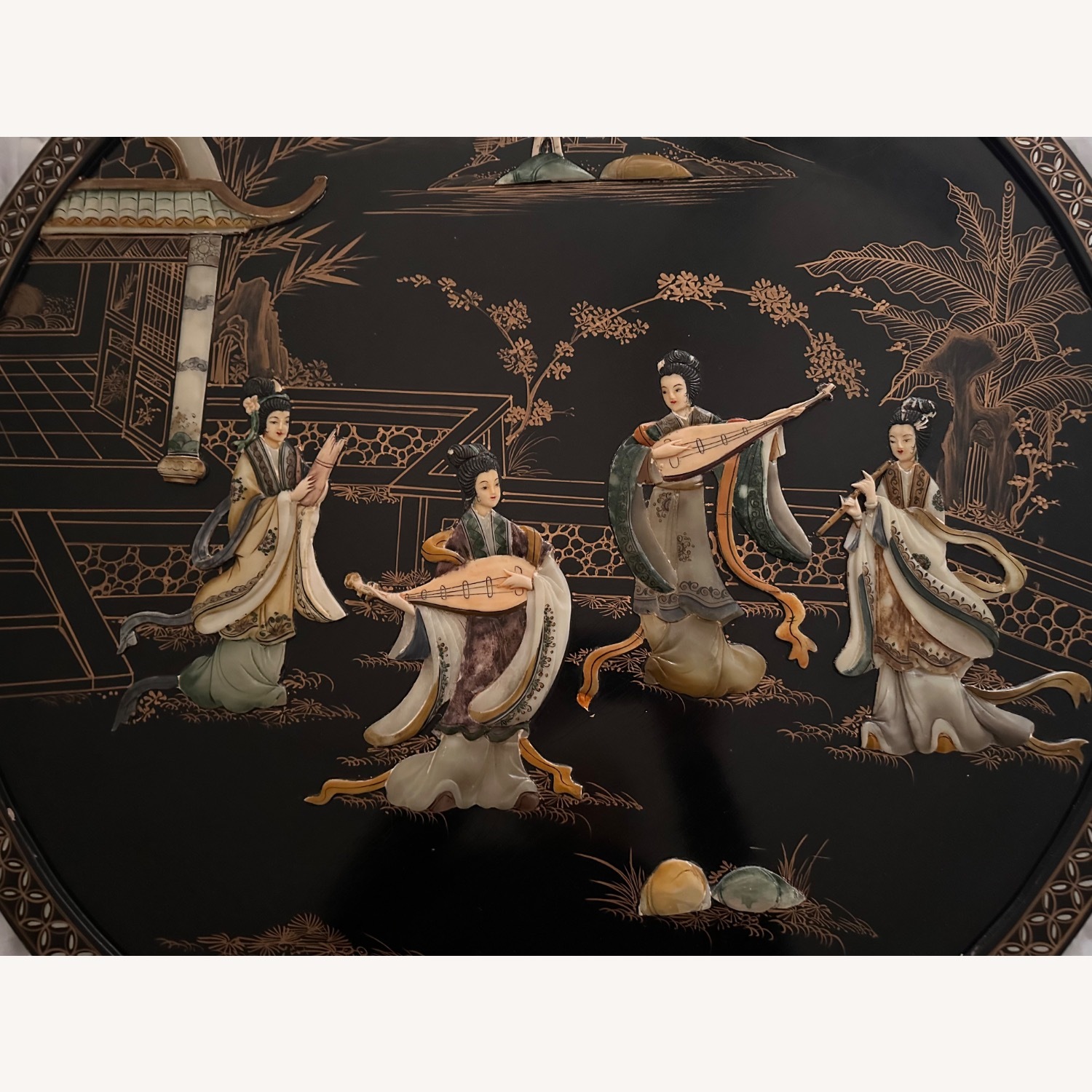 Black Lacquer Hand Painted Inlaid Wall Plaque - image-3