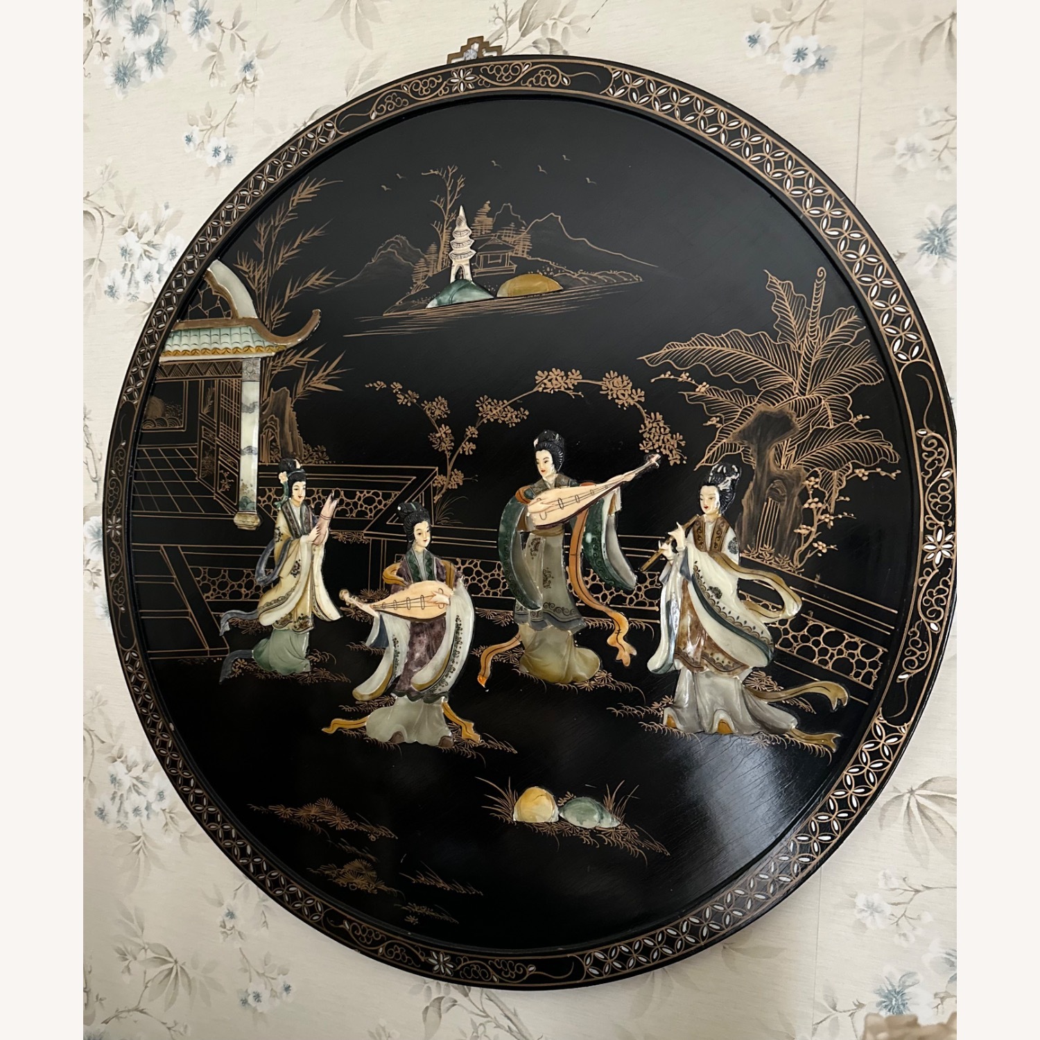 Black Lacquer Hand Painted Inlaid Wall Plaque - image-1