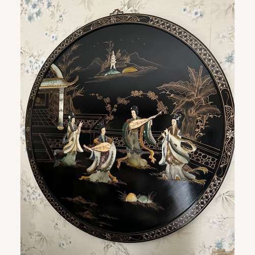 Used Black Lacquer Hand Painted Inlaid Wall Plaque for sale on AptDeco