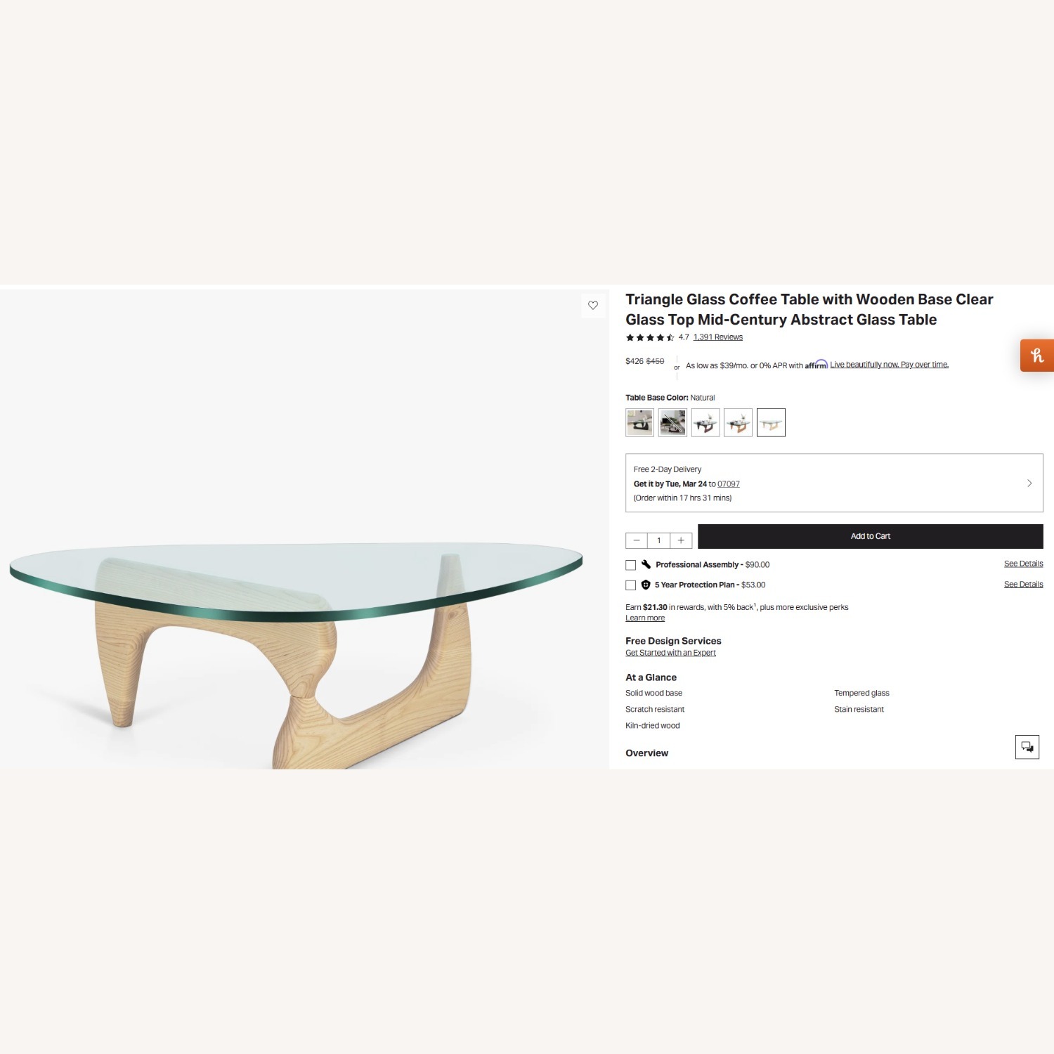 Mid Century Modern Noguchi Wood Glass Coffee Table - image-2