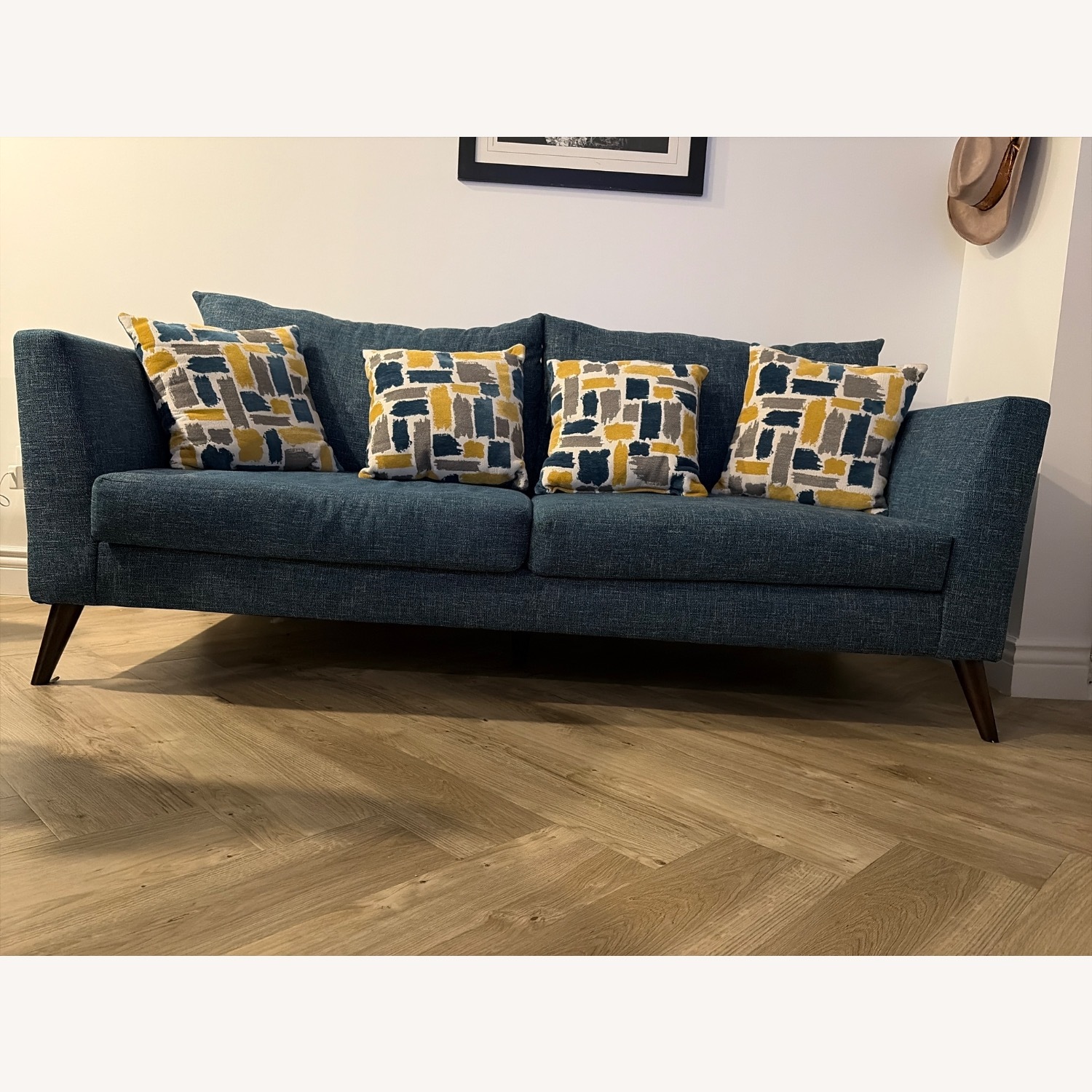 Mid-Century Modern Blue Fabric Couch Like New  - image-2