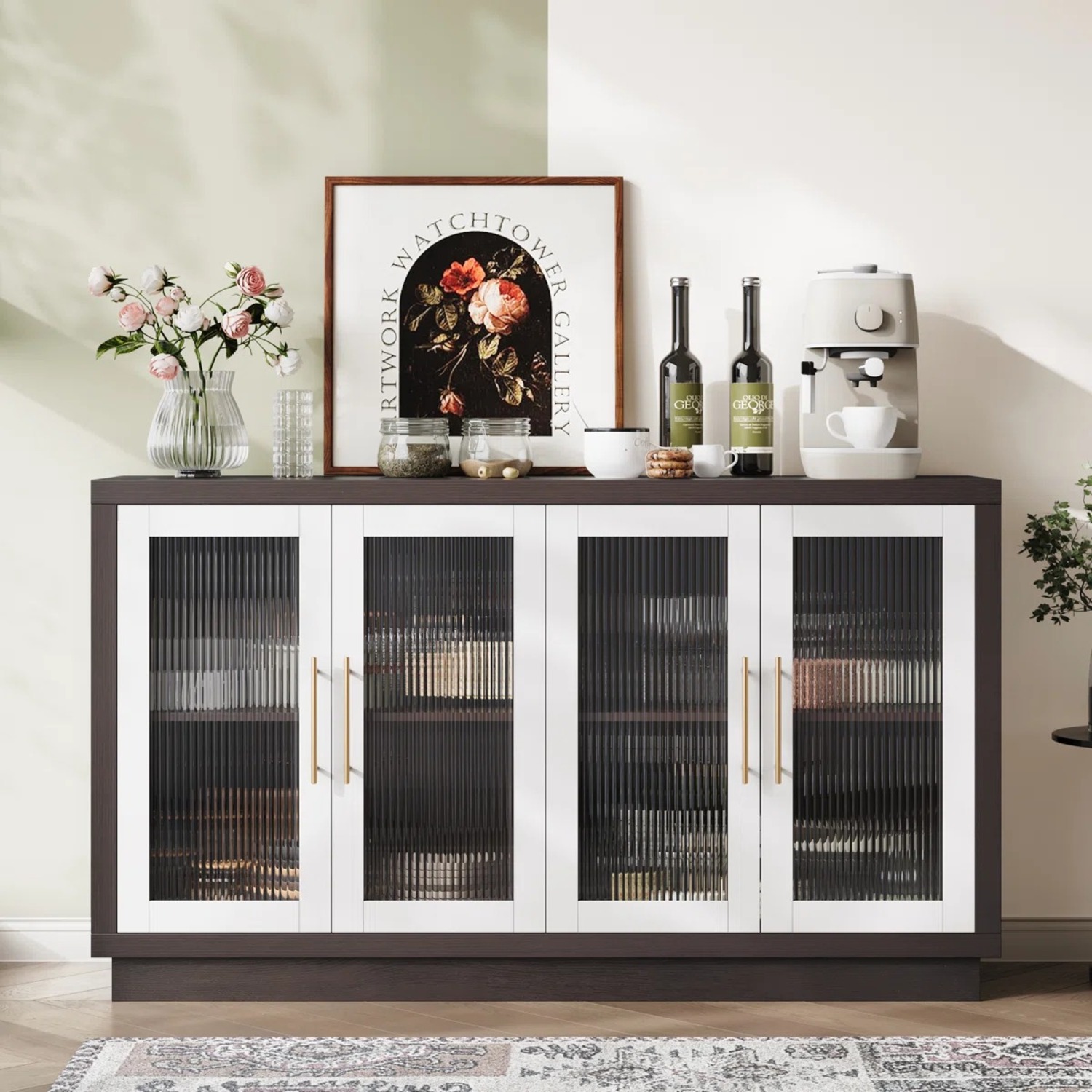 Dark Brown Wood Sideboard With White Doors - image-1
