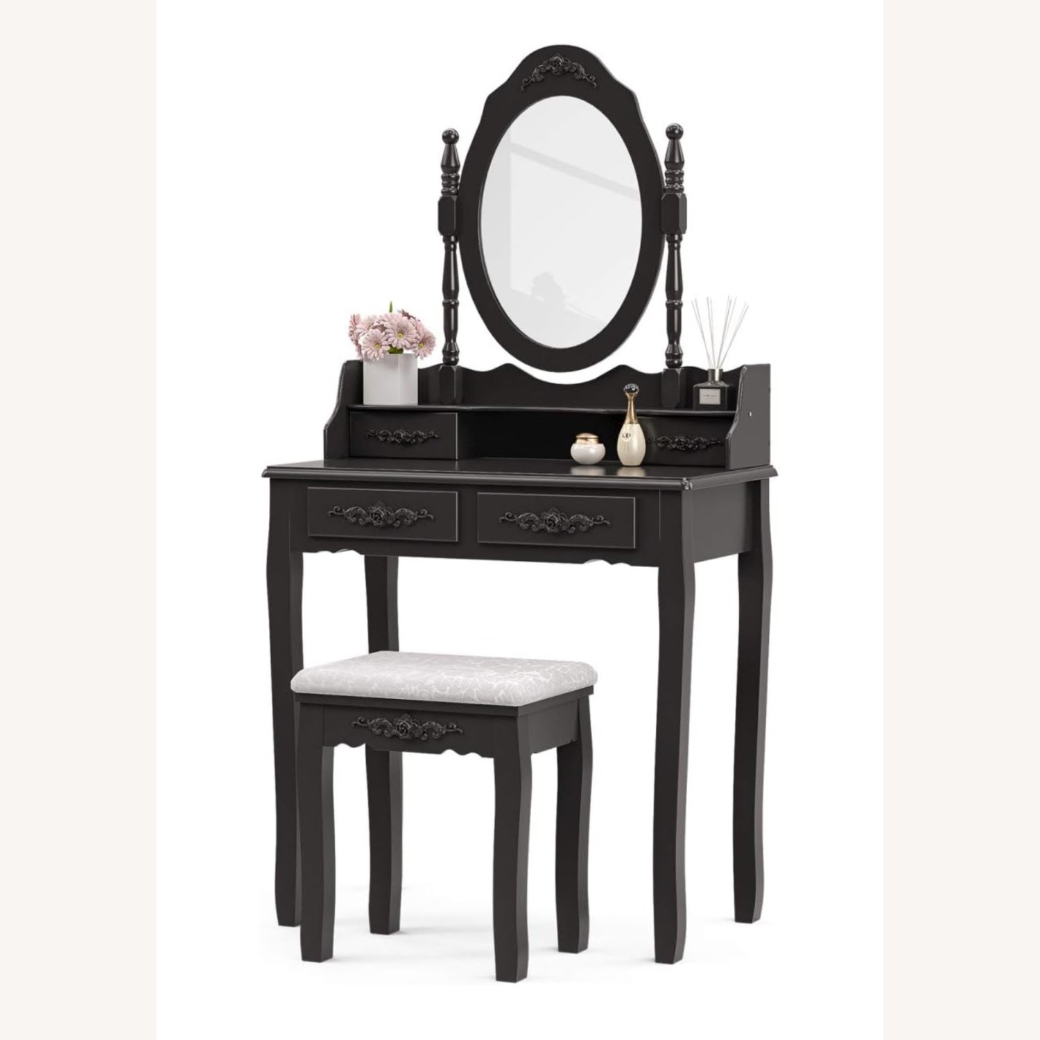Black Antique Convertible Vanity with Stool - image-15