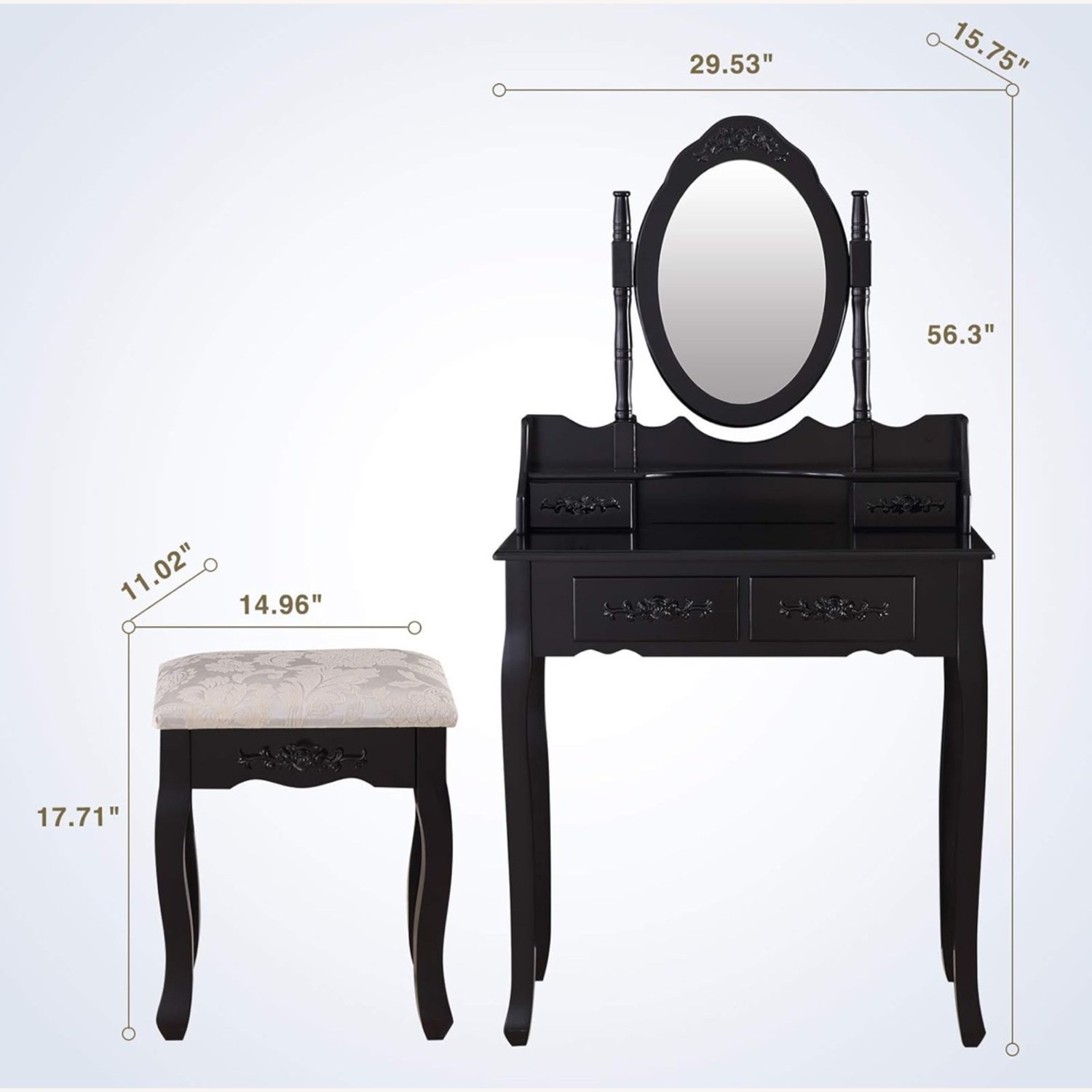 Black Antique Convertible Vanity with Stool - image-16