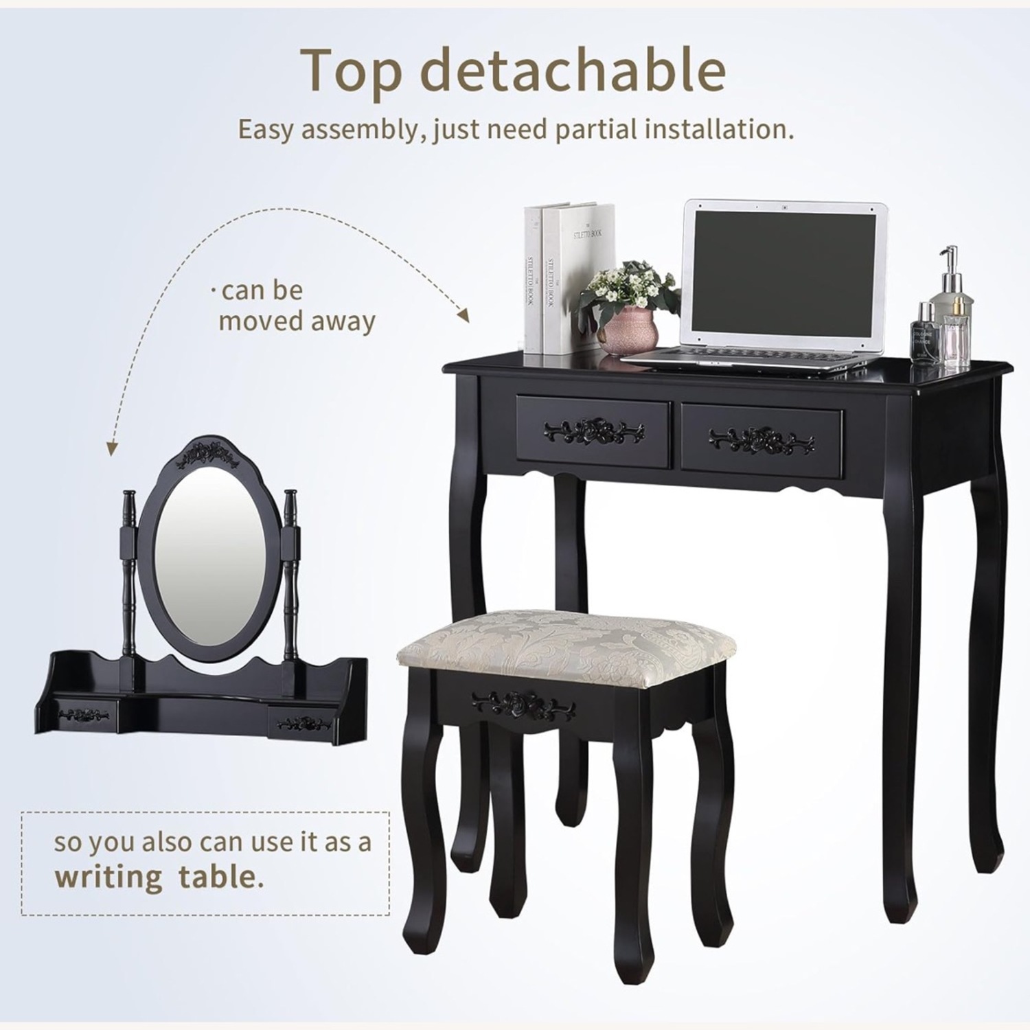 Black Antique Convertible Vanity with Stool - image-17
