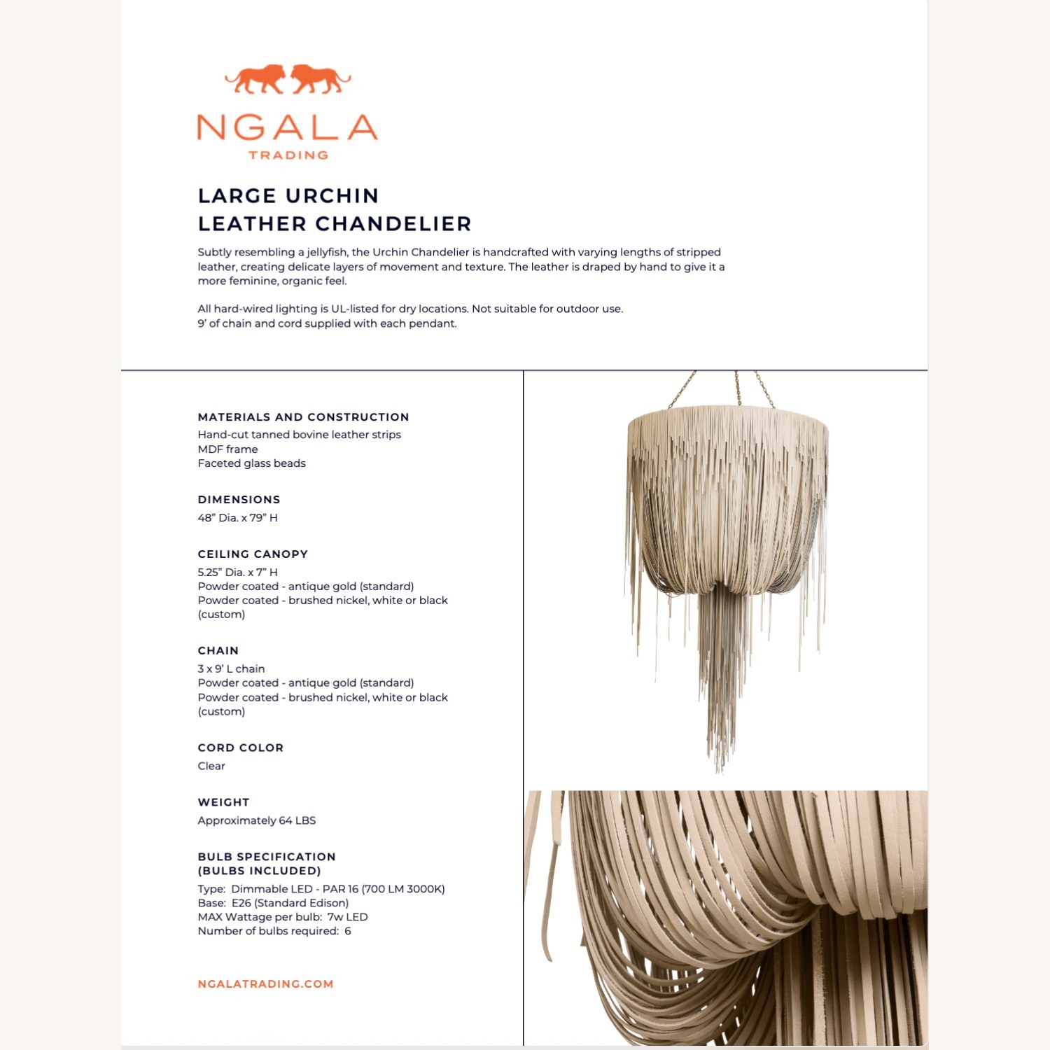 Ngala Large Leather Fringe Chandelier in Bone - image-3