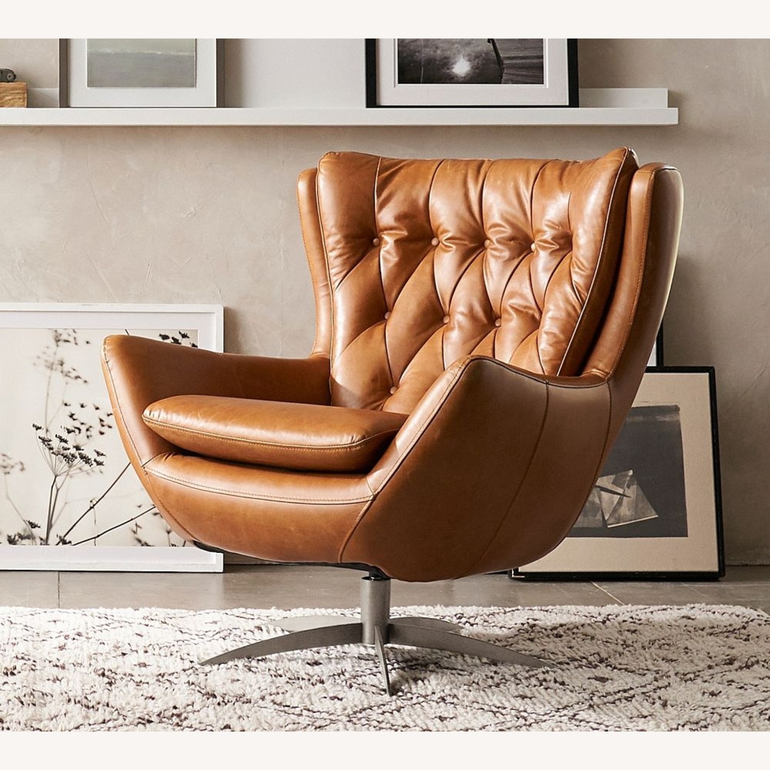 Pottery Barn Wells Tufted Leather Swivel Chair - image-4