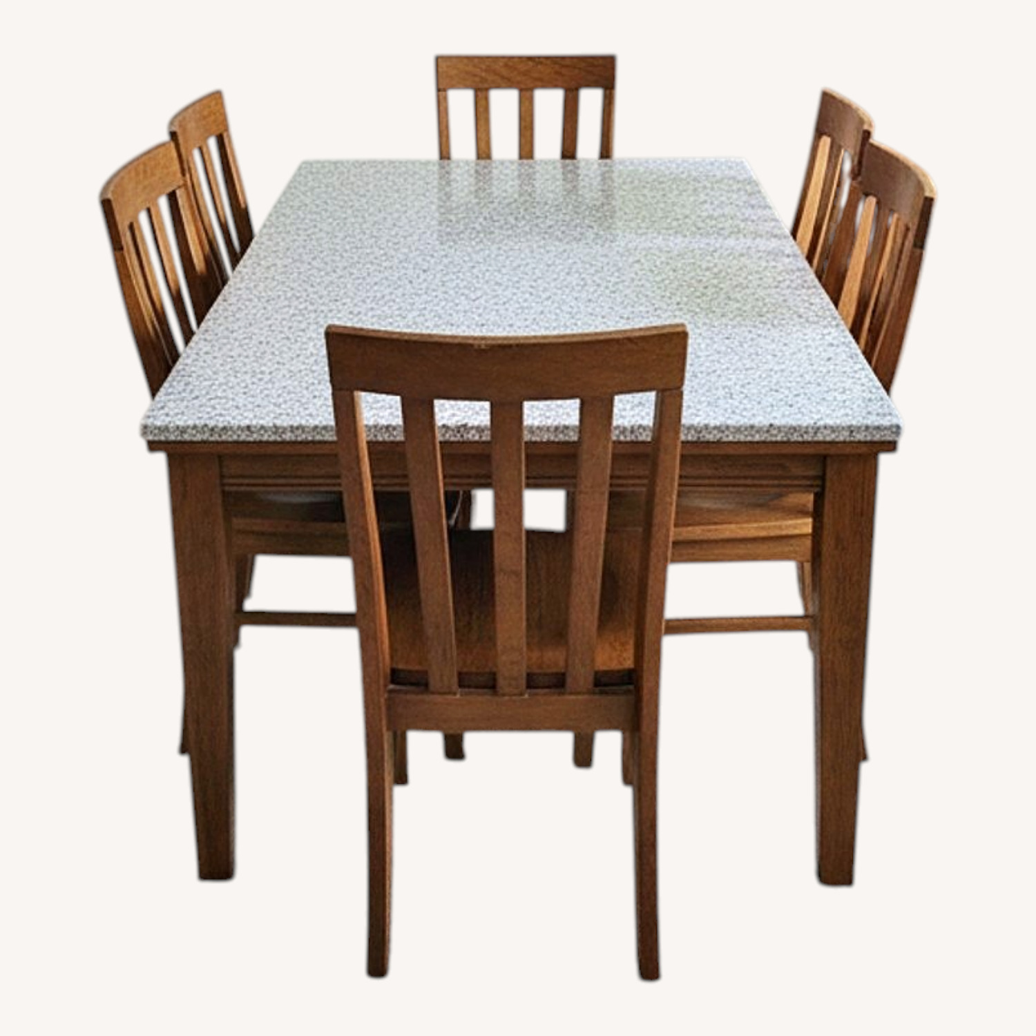 Granite Top Dining Table with 6 Worn Used Chairs - image-0