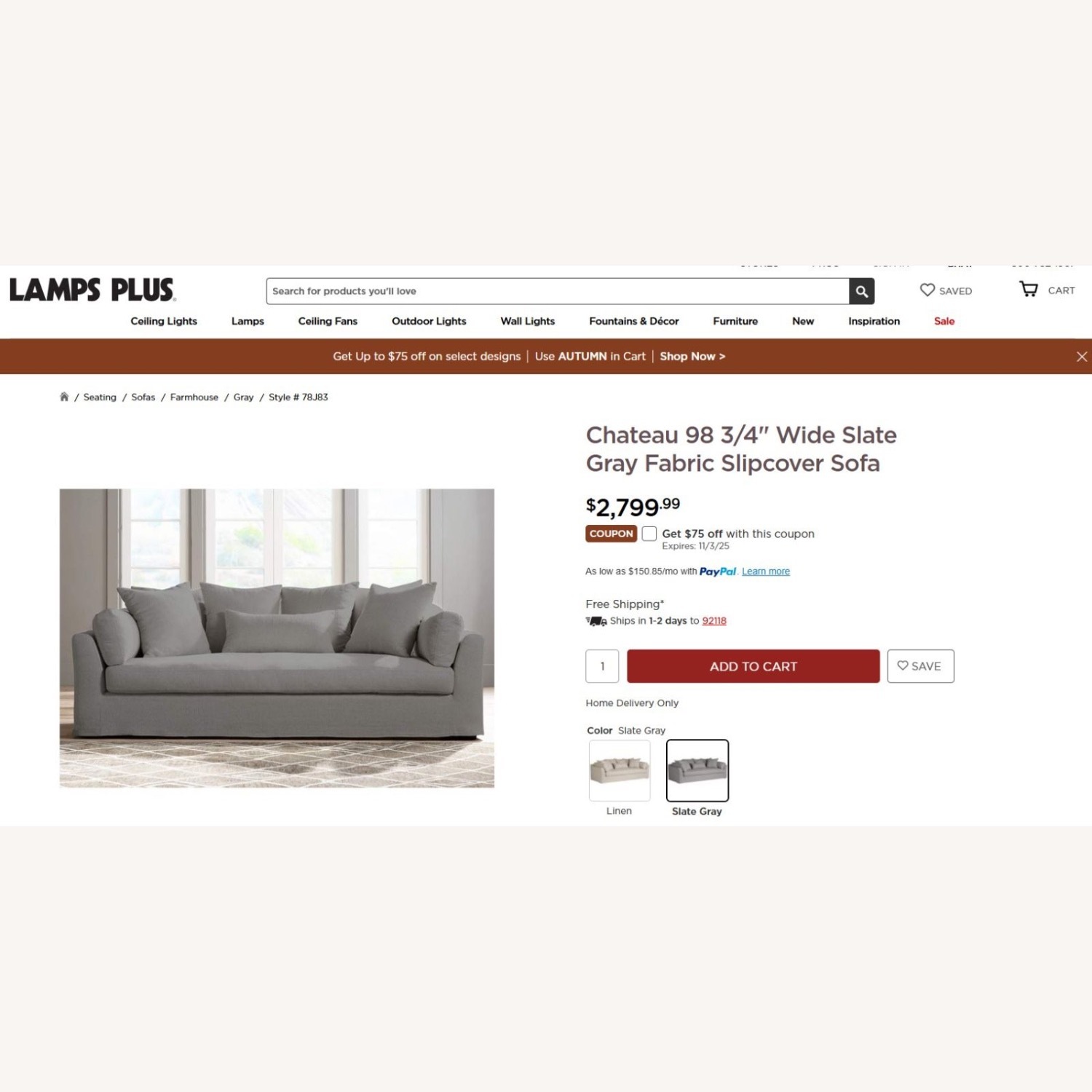 Lamps Plus Chateau Gray Fabric 3+ Sofa slip cover - image-7