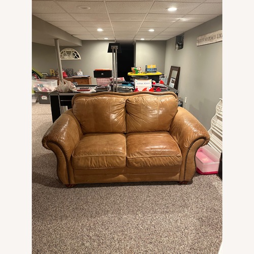 Used Soft Caramel Leather Loveseat for sale on AptDeco