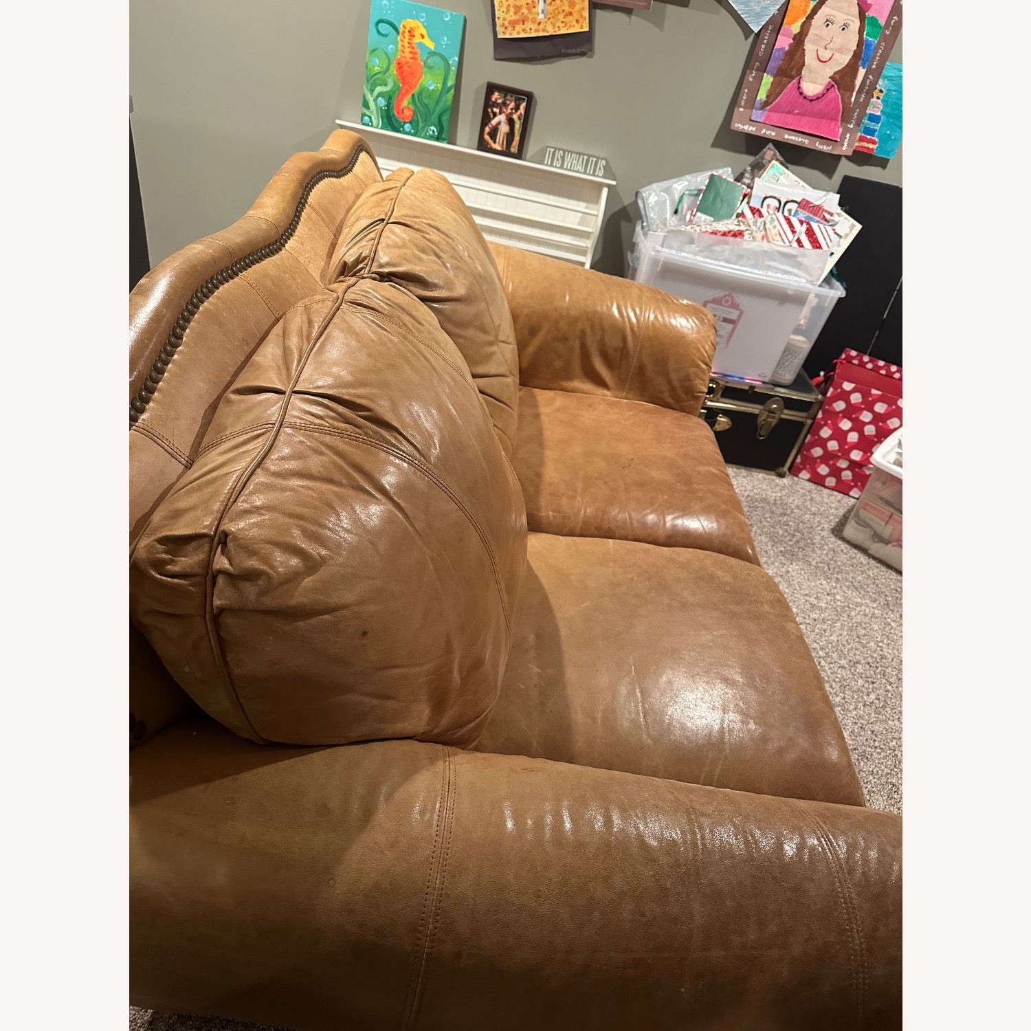Soft Caramel Leather Loveseat - image-2