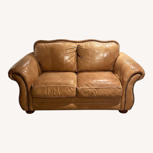 Used Soft Caramel Leather Loveseat for sale on AptDeco
