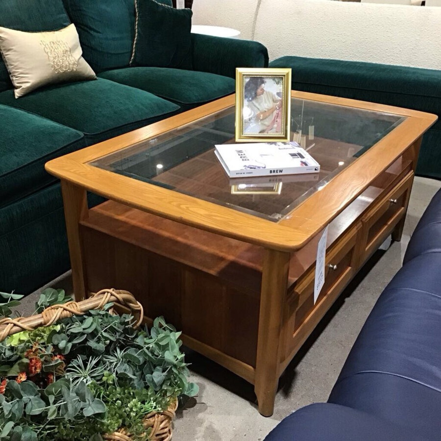 Oak 2-Drawer w Glass Top Coffee Table - image-2