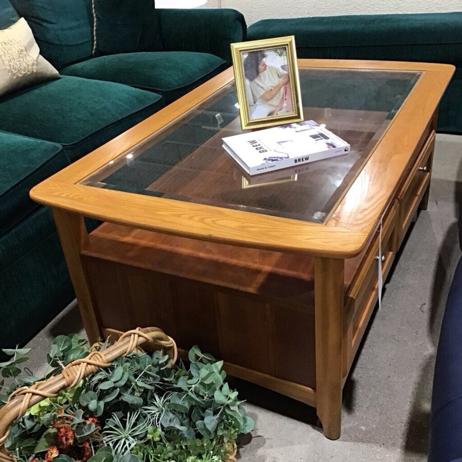 Oak 2-Drawer w Glass Top Coffee Table - image-3