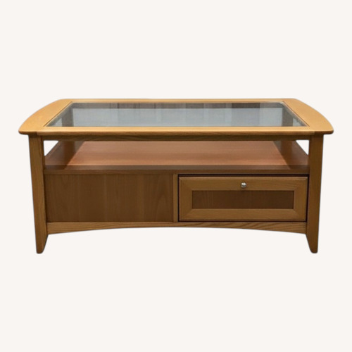 Used Oak 2-Drawer w Glass Top Coffee Table for sale on AptDeco