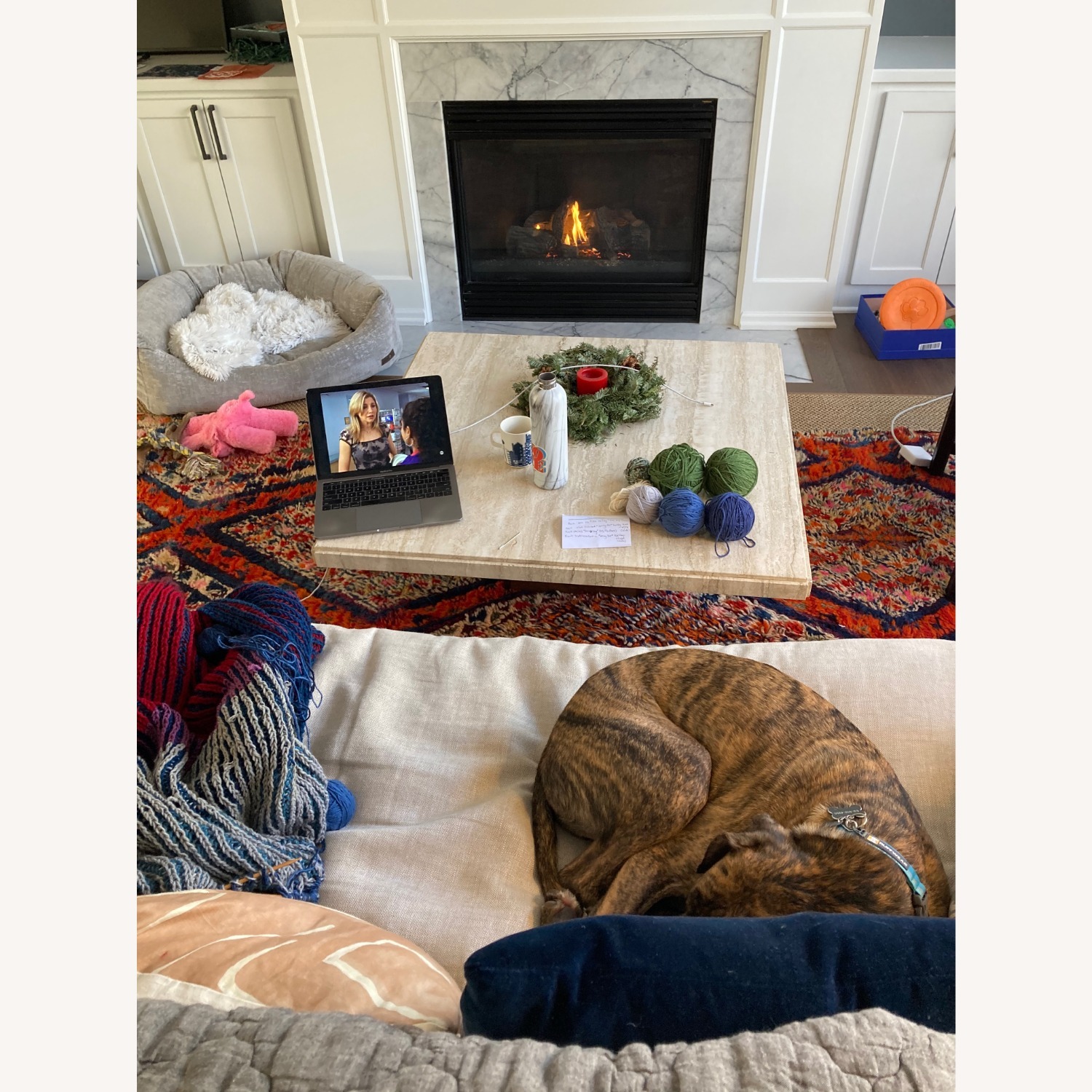 Vintage Travertine and Walnut Coffee Table - image-5