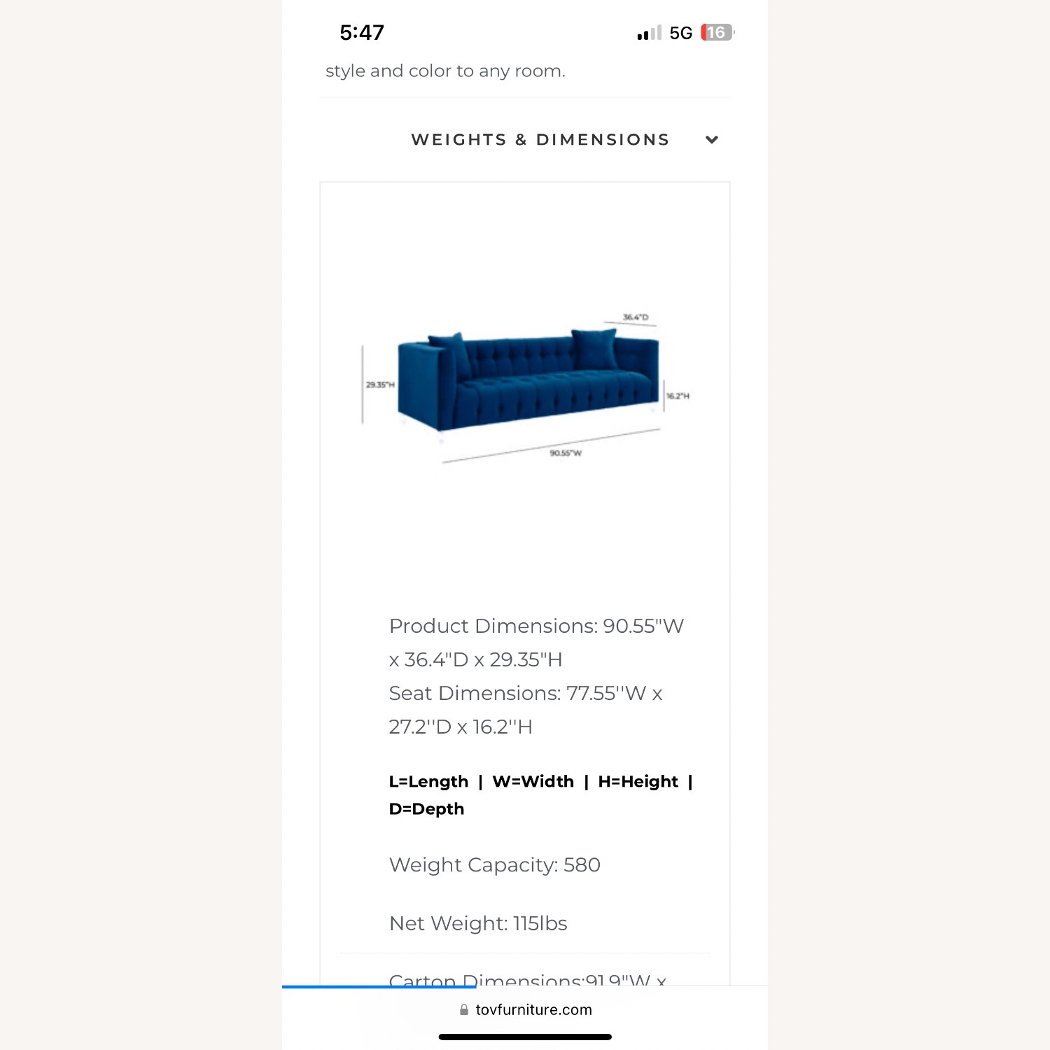 TOV Blue Velvet Modern Sofa - image-4