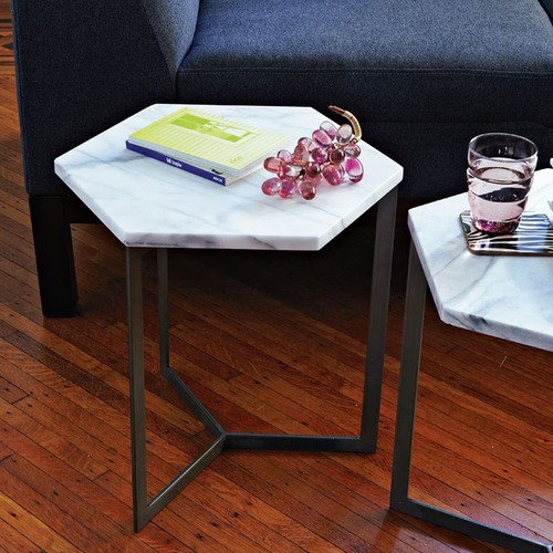 Used West Elm Hex Side Table, White Marble/Raw Steel for sale on AptDeco
