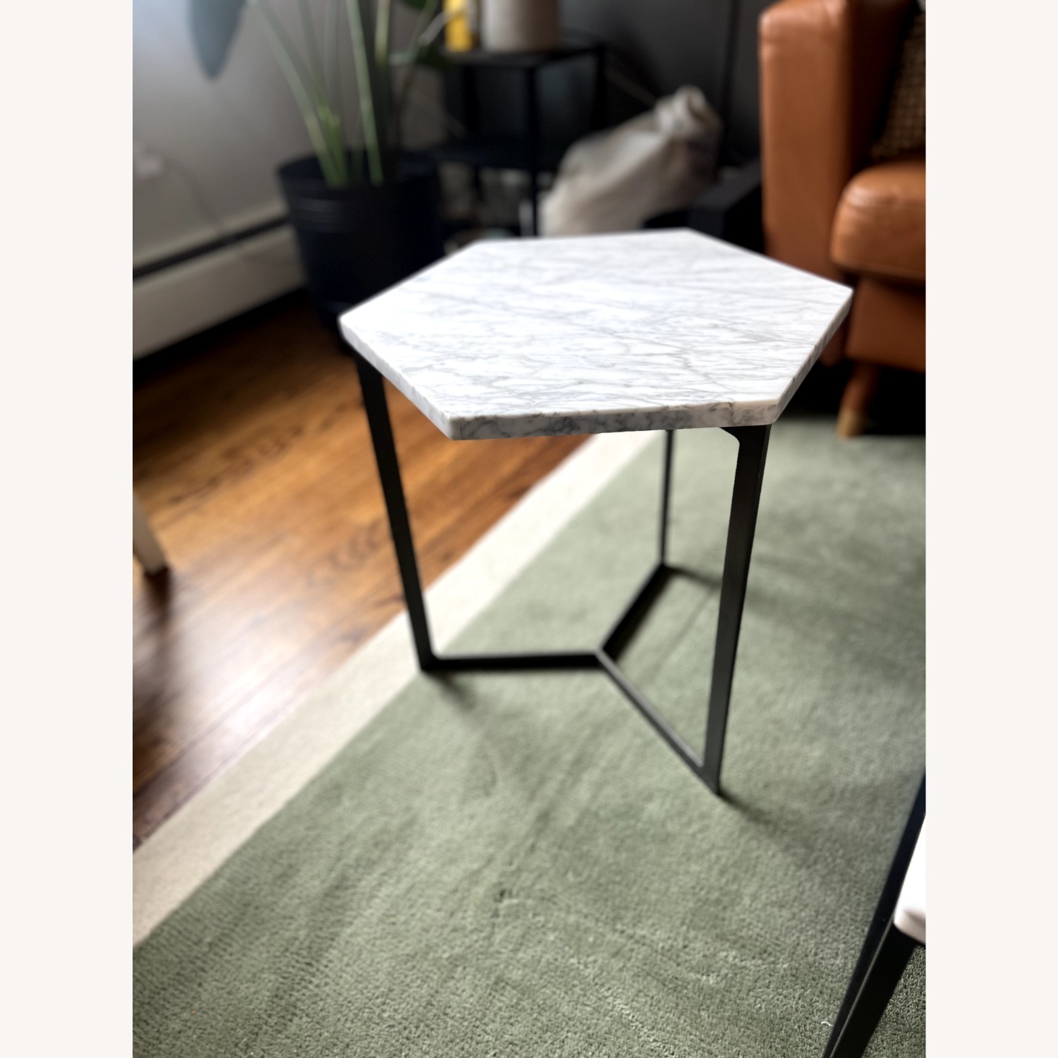 West Elm Hex Side Table, White Marble/Raw Steel - image-2