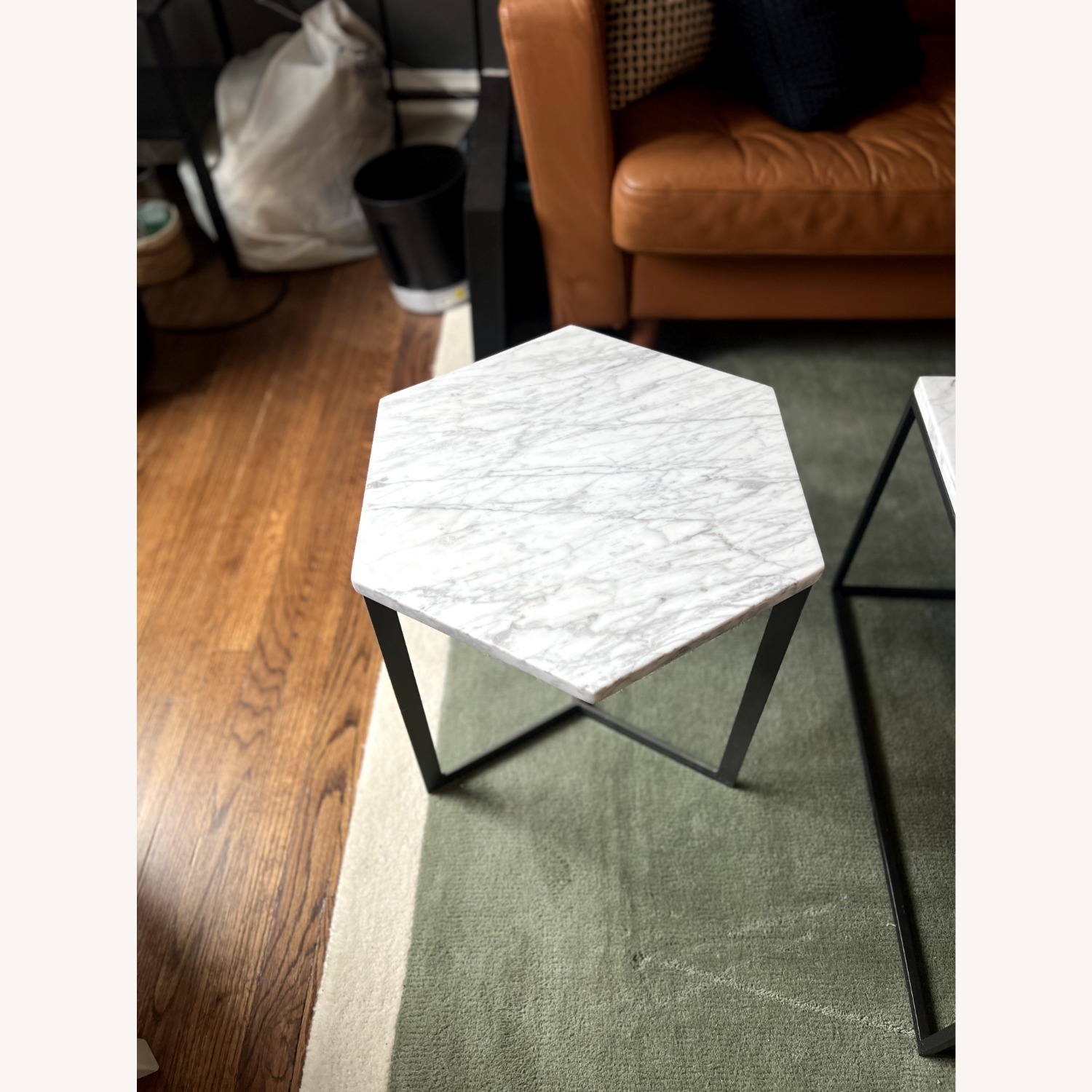 West Elm Hex Side Table, White Marble/Raw Steel - image-3