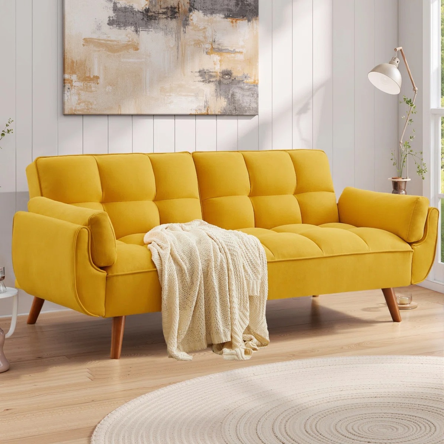 Bright Yellow Futon Sofa Bed - image-3