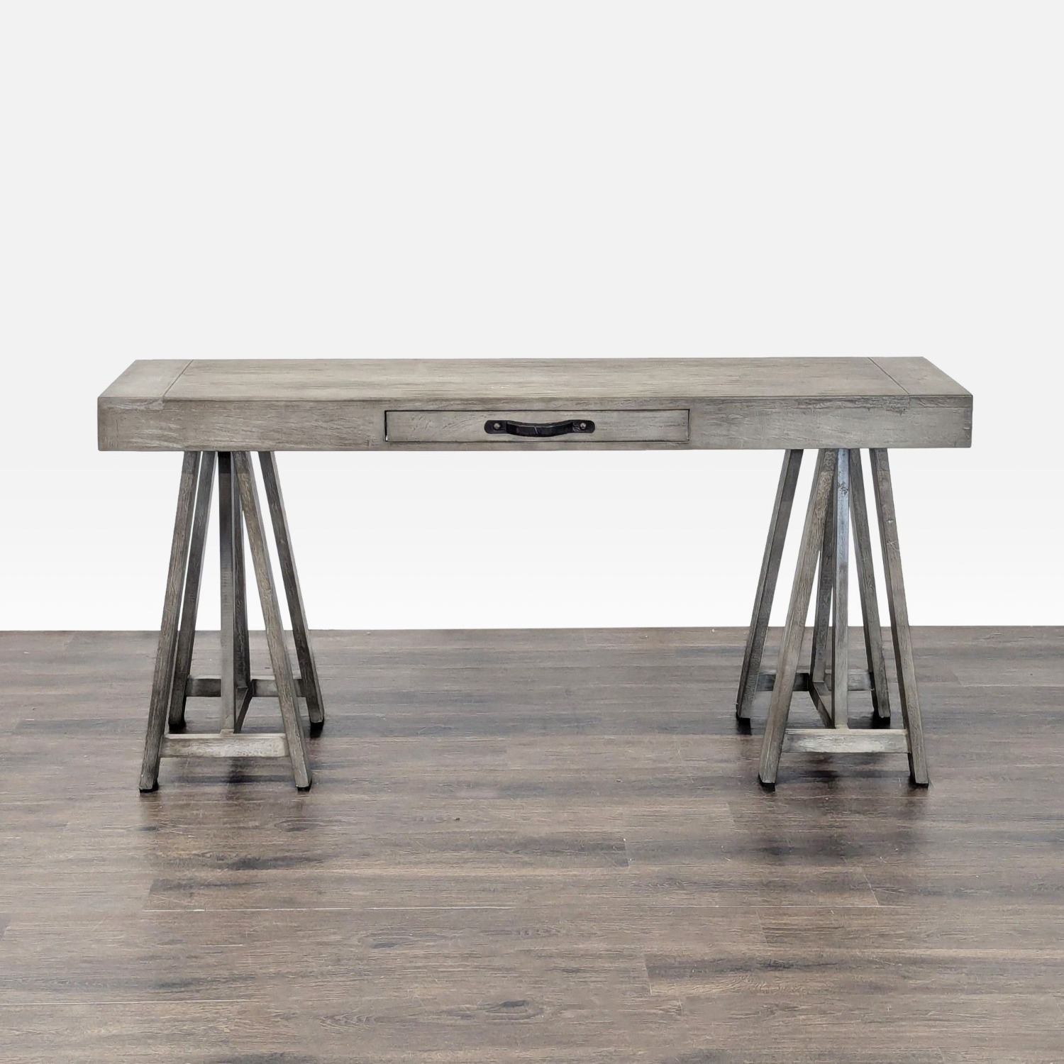 World Market Gray Wooden Desk with Sawhorse Legs - image-3