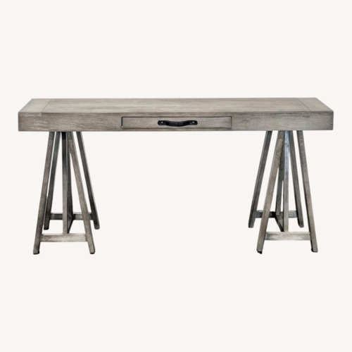 Used World Market Gray Wooden Desk with Sawhorse Legs for sale on AptDeco