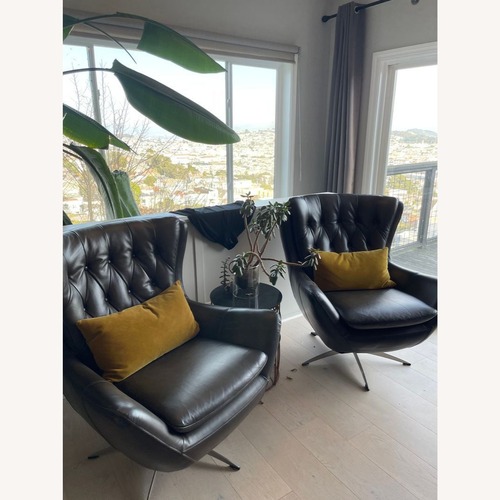 Used Pottery Barn Wells Modern Brown Leather Swivel Armchair for sale on AptDeco