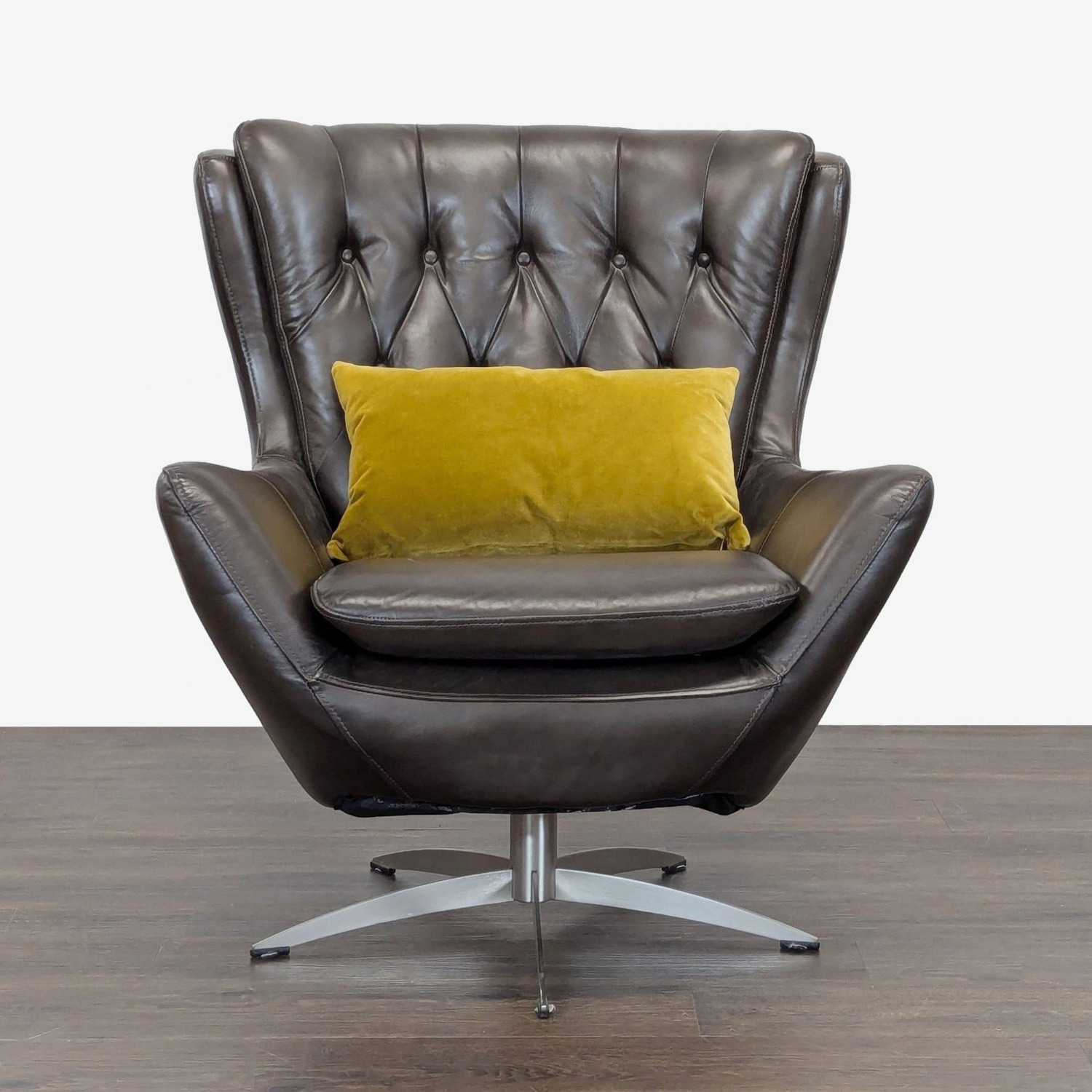 Pottery Barn Wells Modern Brown Leather Swivel Armchair - image-3