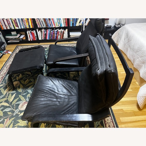 Used IKEA Poang Black Leather Armchairs and ottoman for sale on AptDeco