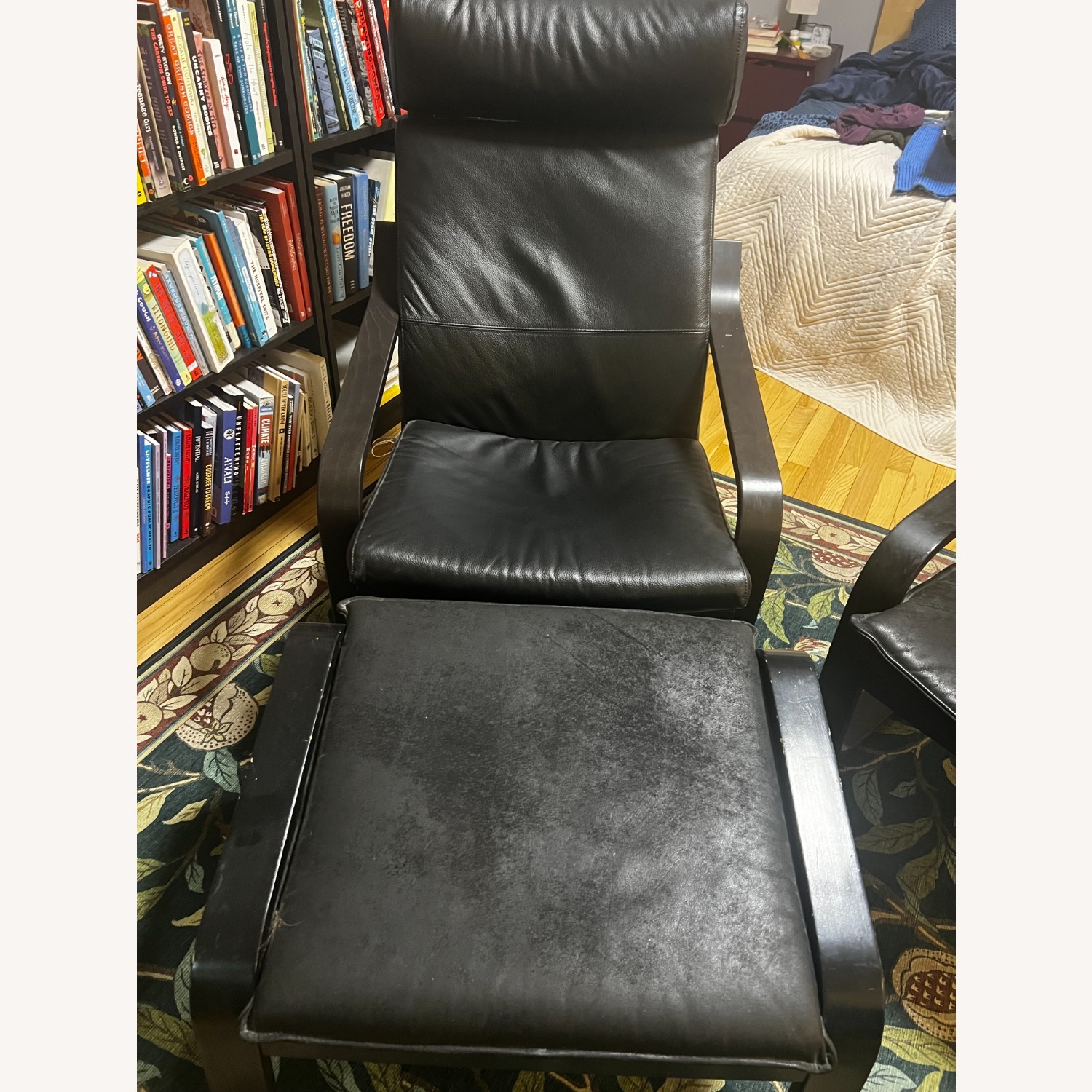 IKEA Poang Black Leather Armchairs and ottoman - image-6