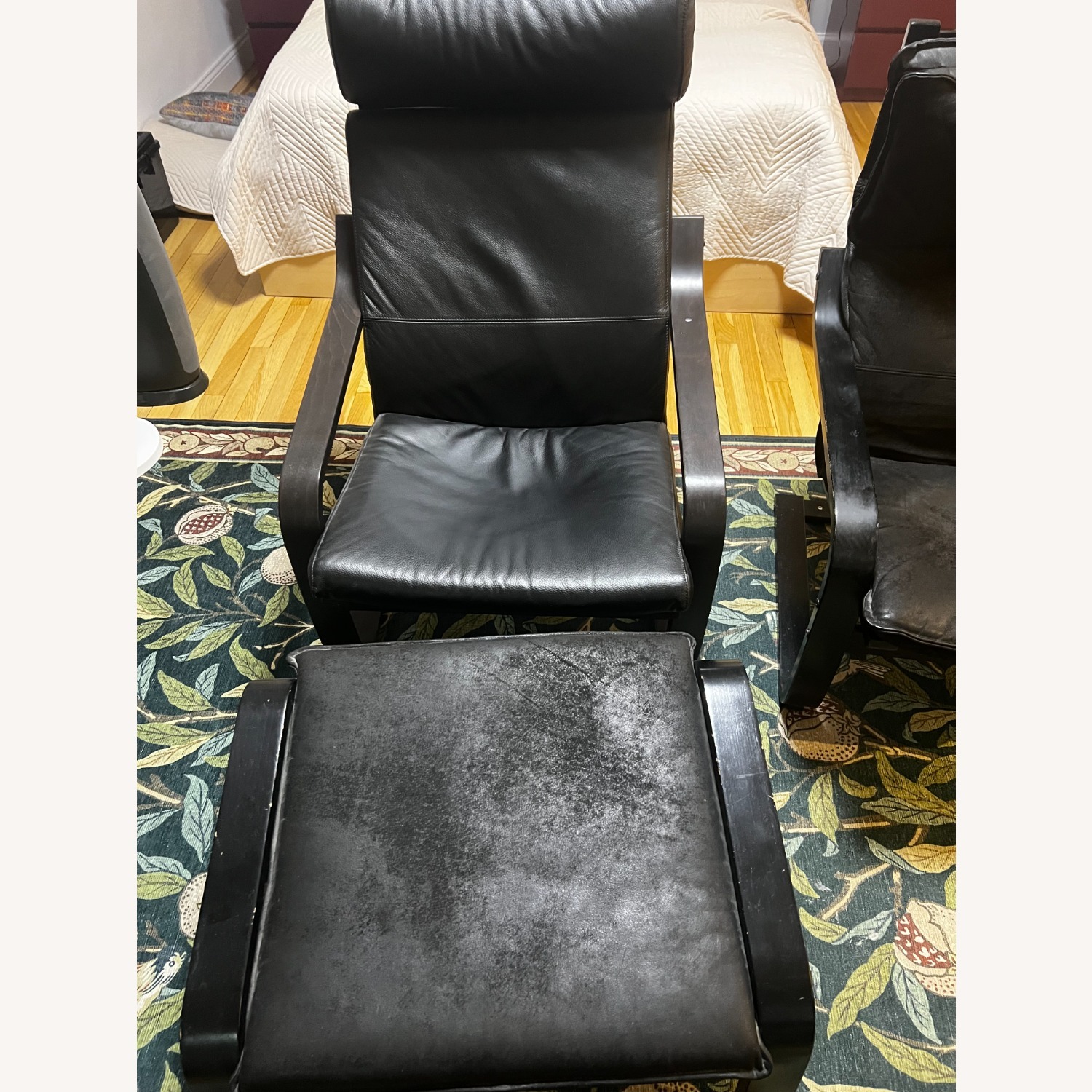 IKEA Poang Black Leather Armchairs and ottoman - image-4
