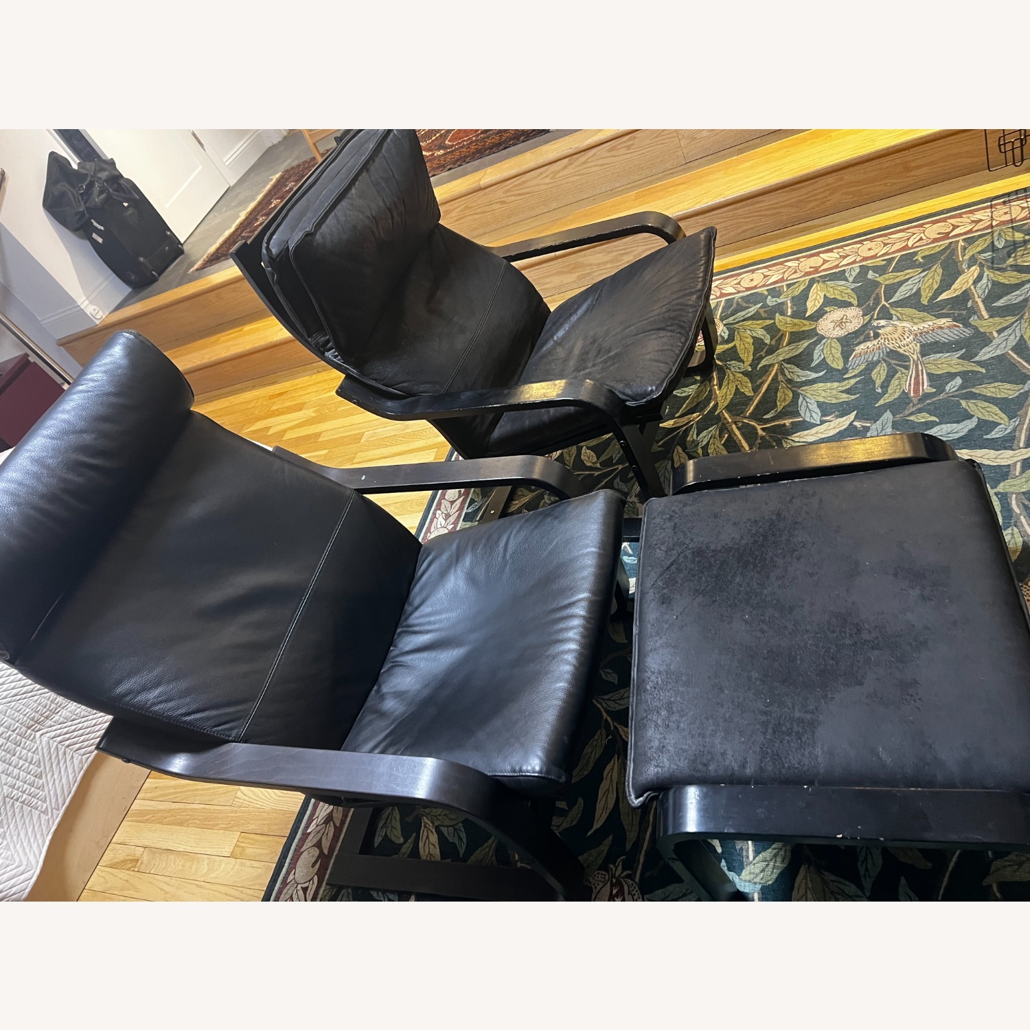 IKEA Poang Black Leather Armchairs and ottoman - image-2