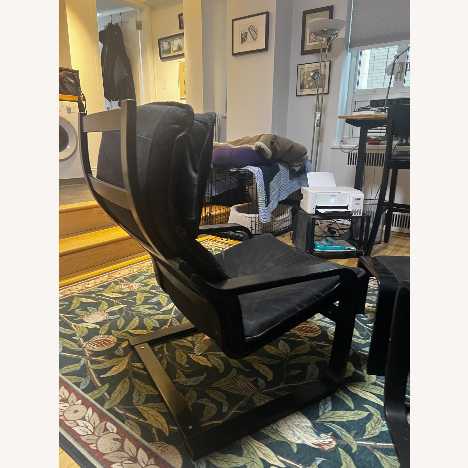 IKEA Poang Black Leather Armchairs and ottoman - image-5