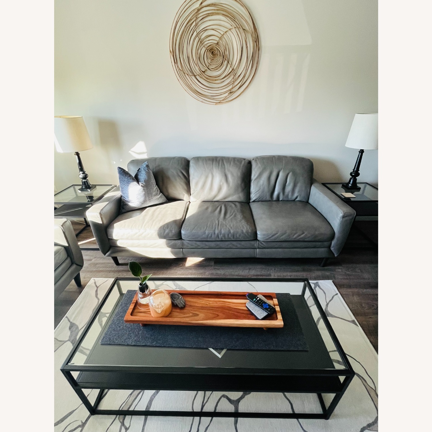 Macy's Locasta Gray Leather Armchair With Ottoman - image-3