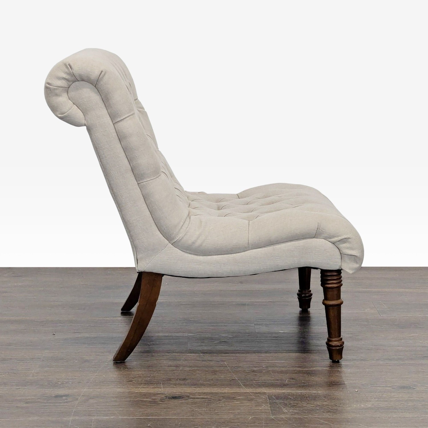 Beige Tufted Armless Lounge Chair with Wooden Legs - image-3