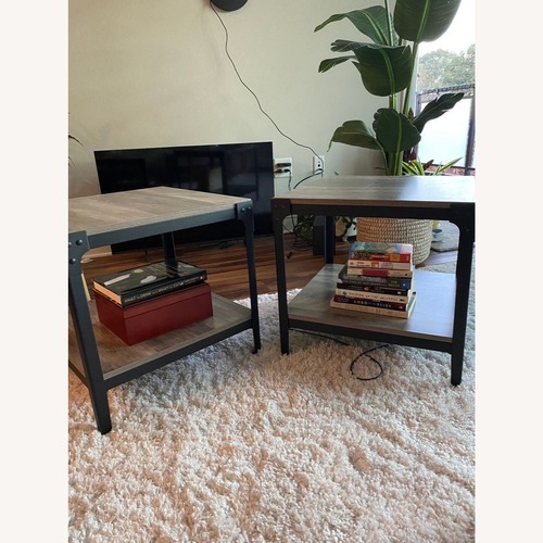 Used Walker Edison Barnwood Angle Iron Rustic Wood Table for sale on AptDeco