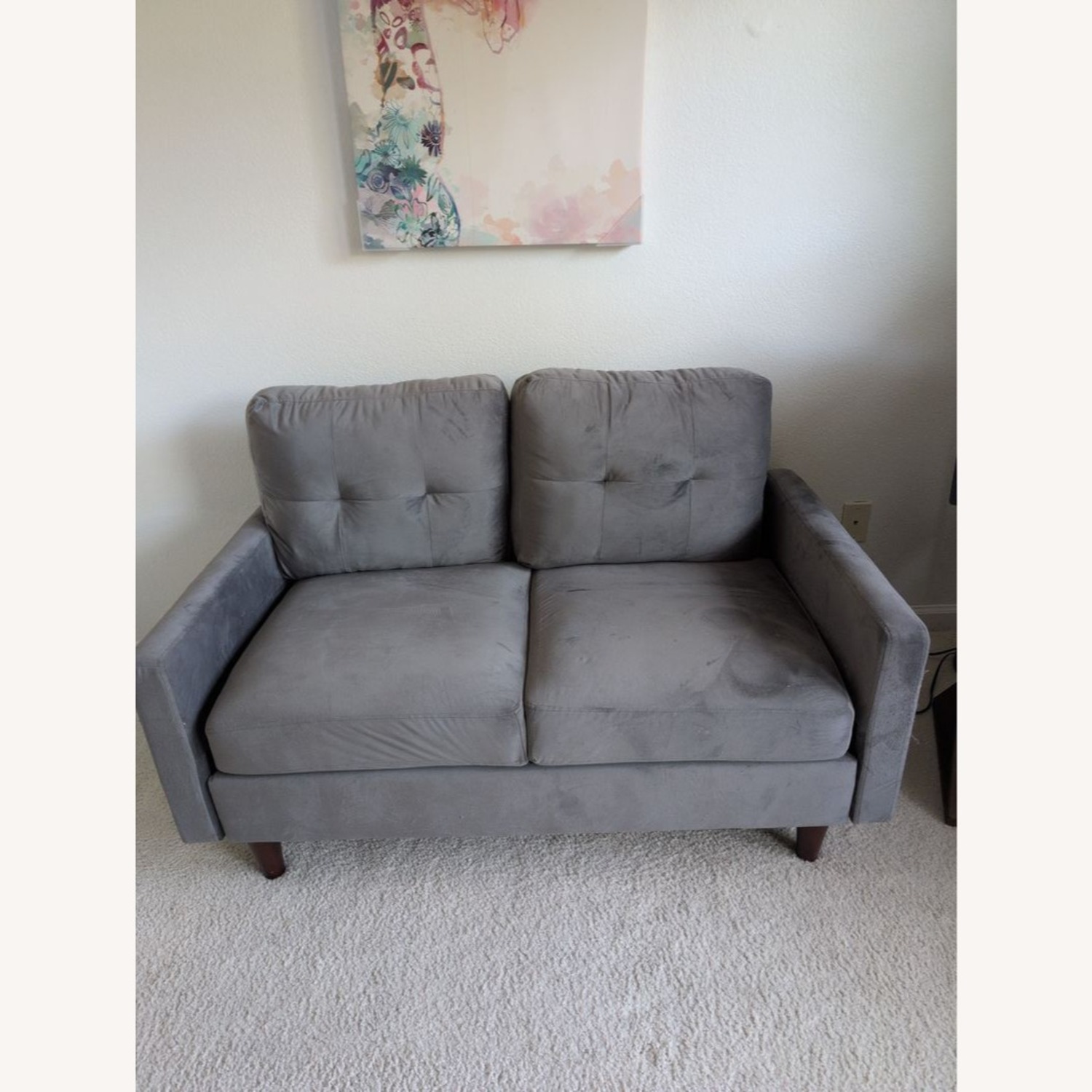 Modern Gray Velvet Loveseat with Wooden Legs	 - image-1