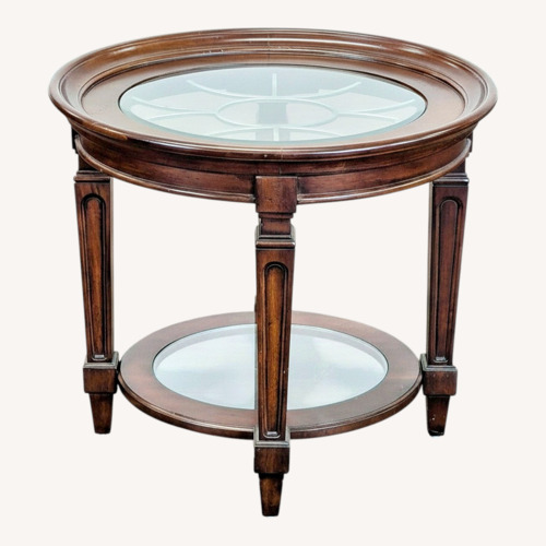 Used Wood End Table with Glass Insert Top and Shelf for sale on AptDeco