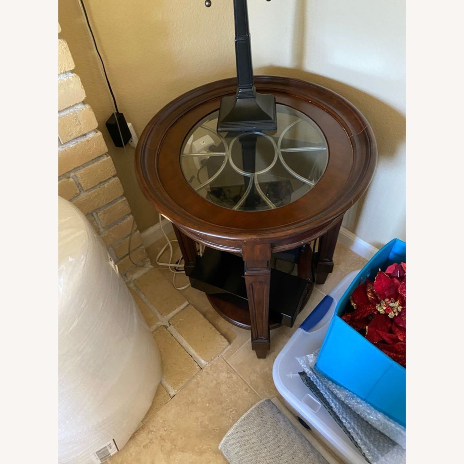 Wood End Table with Glass Insert Top and Shelf	 - image-8