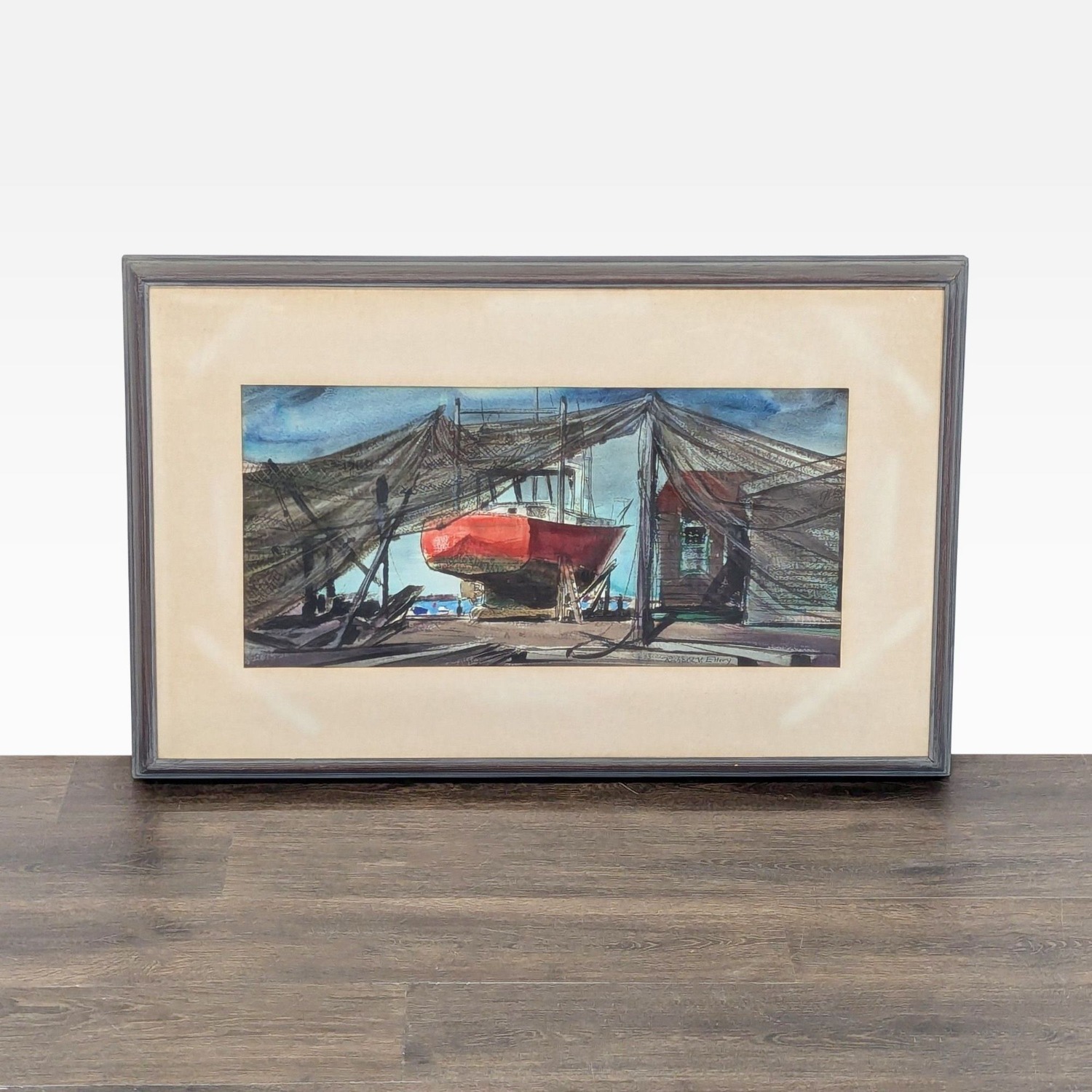 1960 Framed Richard V. Ellery Boatyard Watercolor  - image-1