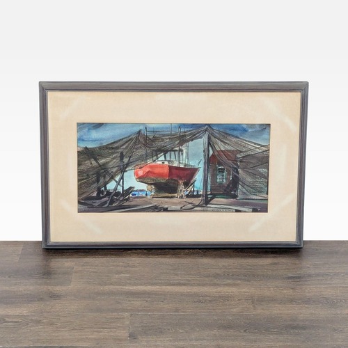 Used 1960 Framed Richard V. Ellery Boatyard Watercolor  for sale on AptDeco